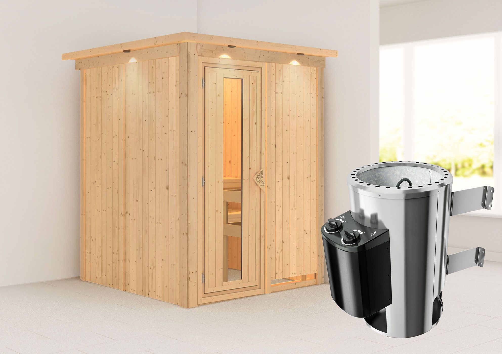 SET-sauna "Joran" met energiebesparende deur, rand en 3,6 kW kachel - 165 x 165 x 202 cm (B x D x H)