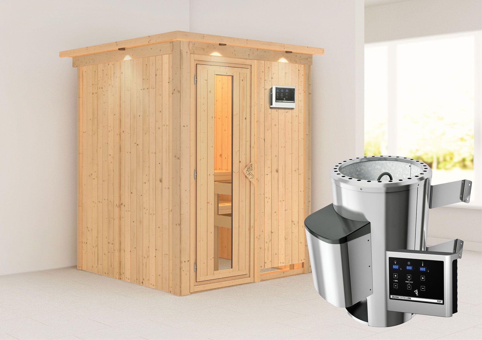 Joran" sauna SET met energiebesparende deur en rand - kleur: naturel, kachel externe regeling eenvoudig 3,6 kW - 165 x 165 x 202 cm (B x D x H)