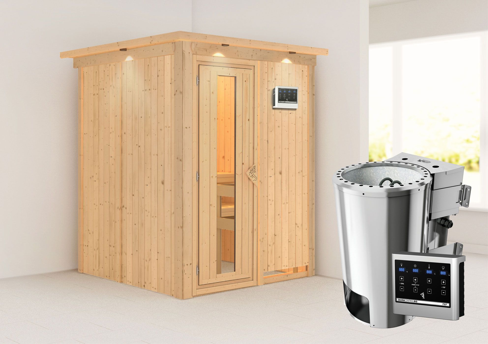 SET-sauna "Joran" met energiebesparende deur, rand en BIO 3,6 kW kachel - 165 x 165 x 202 cm (B x D x H)