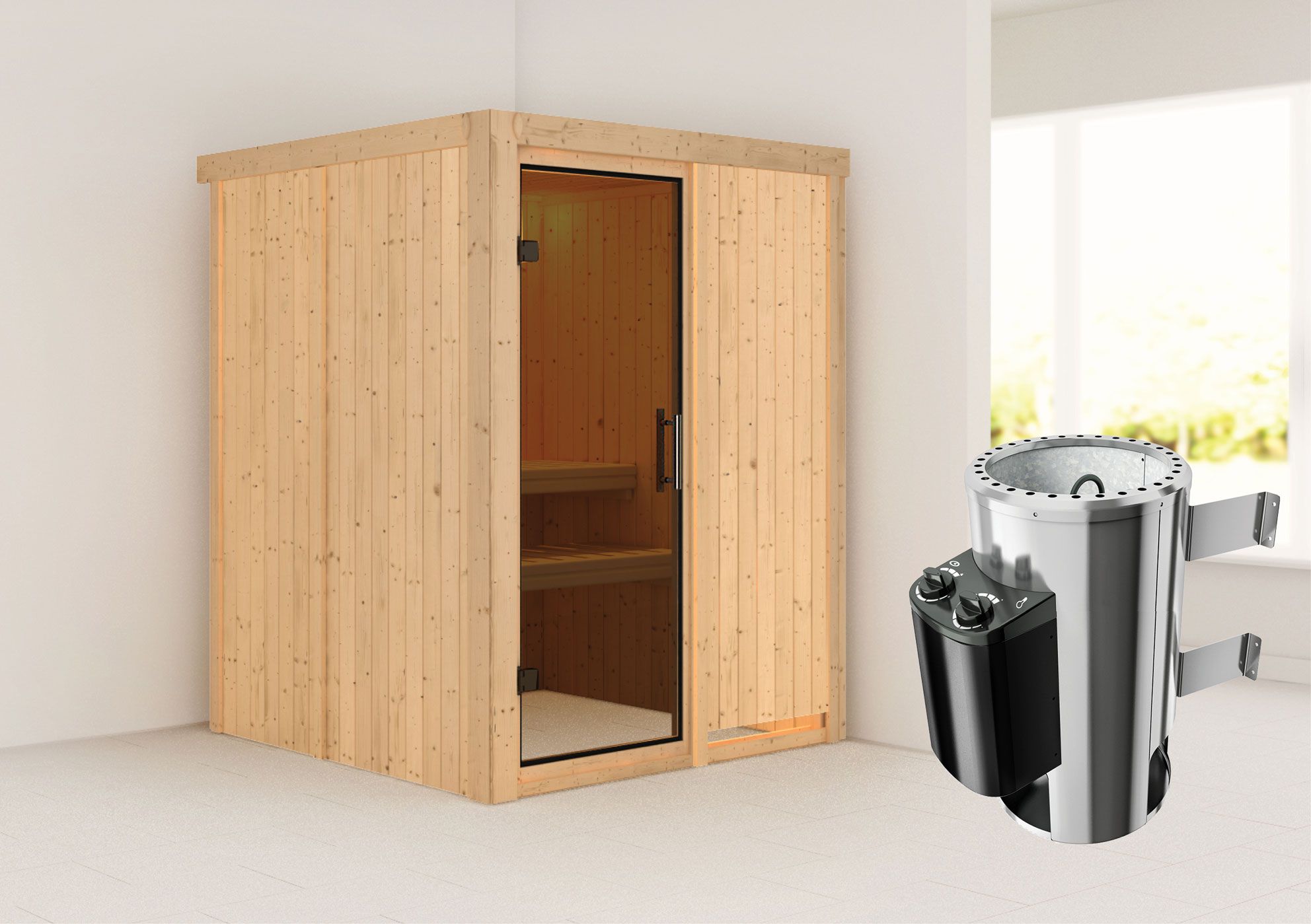 Sauna "Joran" SET met grafiet deur & kachel 3,6 kW - 151 x 151 x 198 cm (B x D x H)