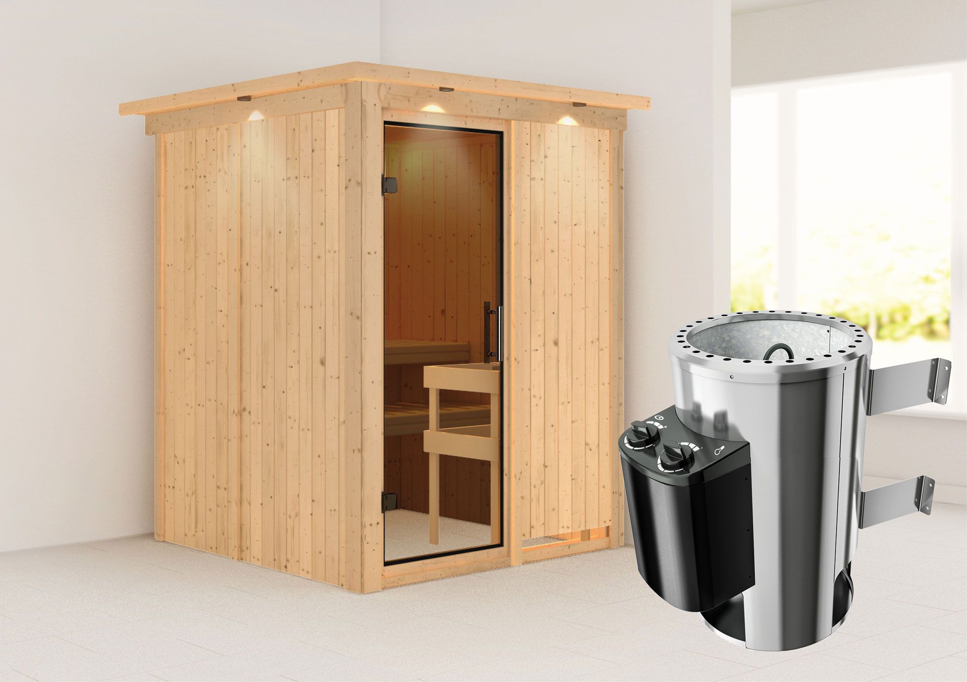 Joran" SET-sauna met grafietkleurige deur, rand & 3,6 kW kachel - 165 x 165 x 202 cm (B x D x H)