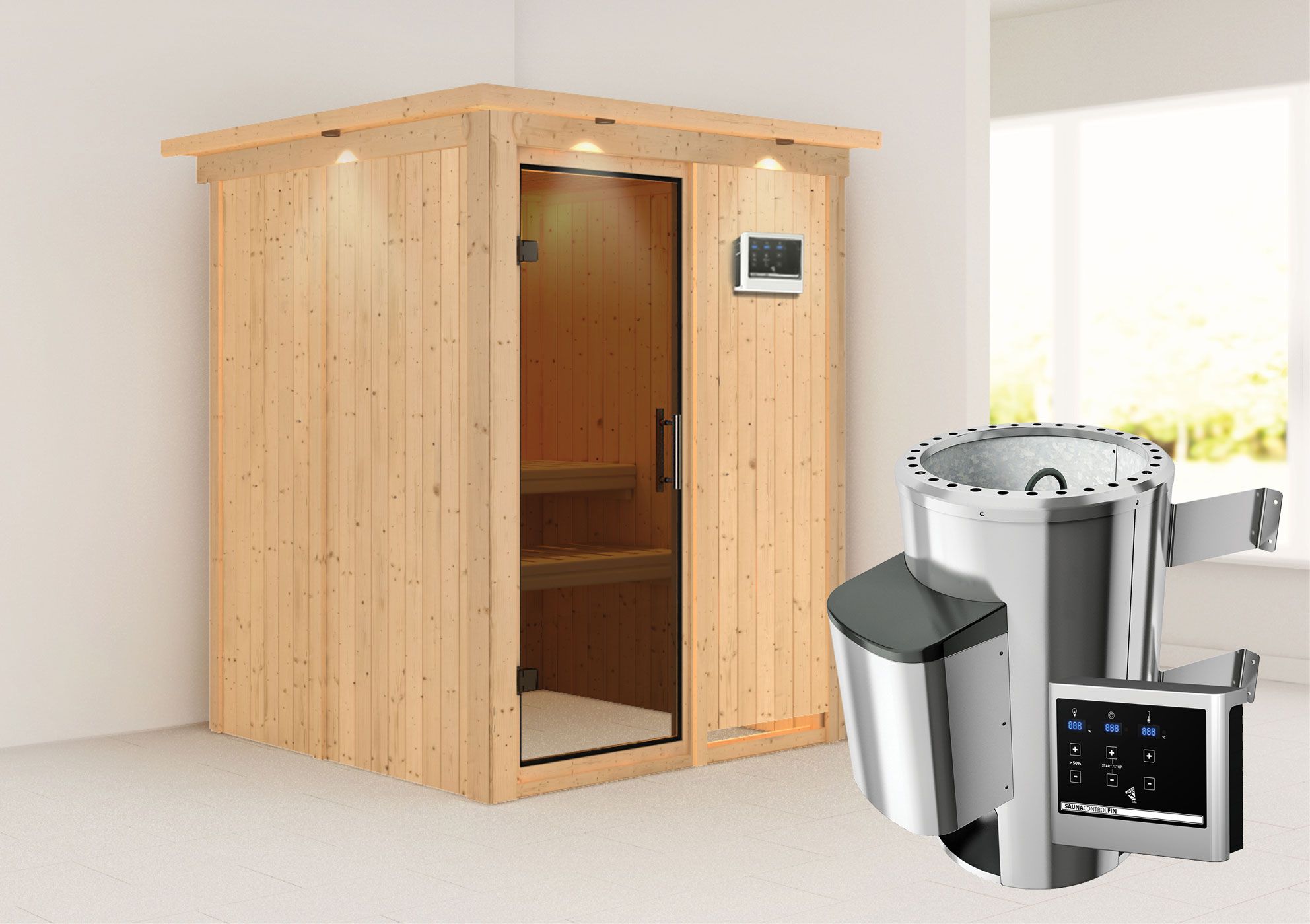 Sauna "Joran" SET met grafietkleurige deur en rand - kleur: naturel, kachel externe regeling eenvoudig 3,6 kW - 165 x 165 x 202 cm (B x D x H)