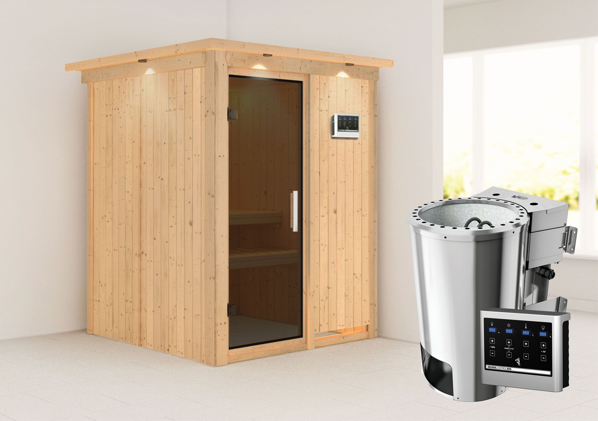 Joran" sauna SET met grafietkleurige deur, rand & BIO 3.6 kW kachel - 165 x 165 x 202 cm (B x D x H)