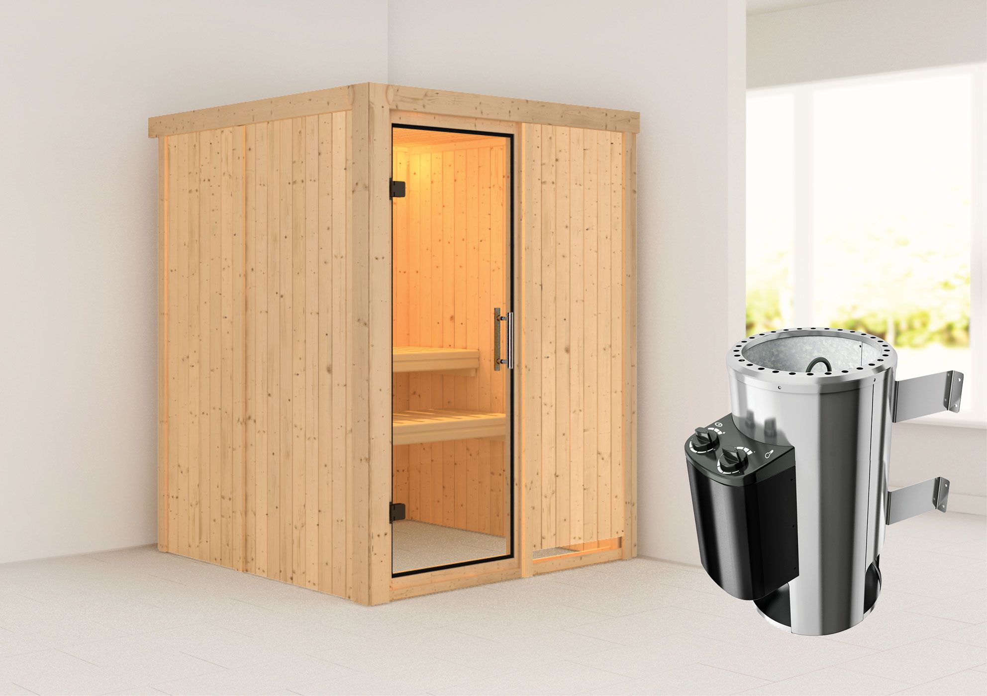 Joran" sauna met heldere glazen deur & 3,6 kW kachel - 151 x 151 x 198 cm (B x D x H)