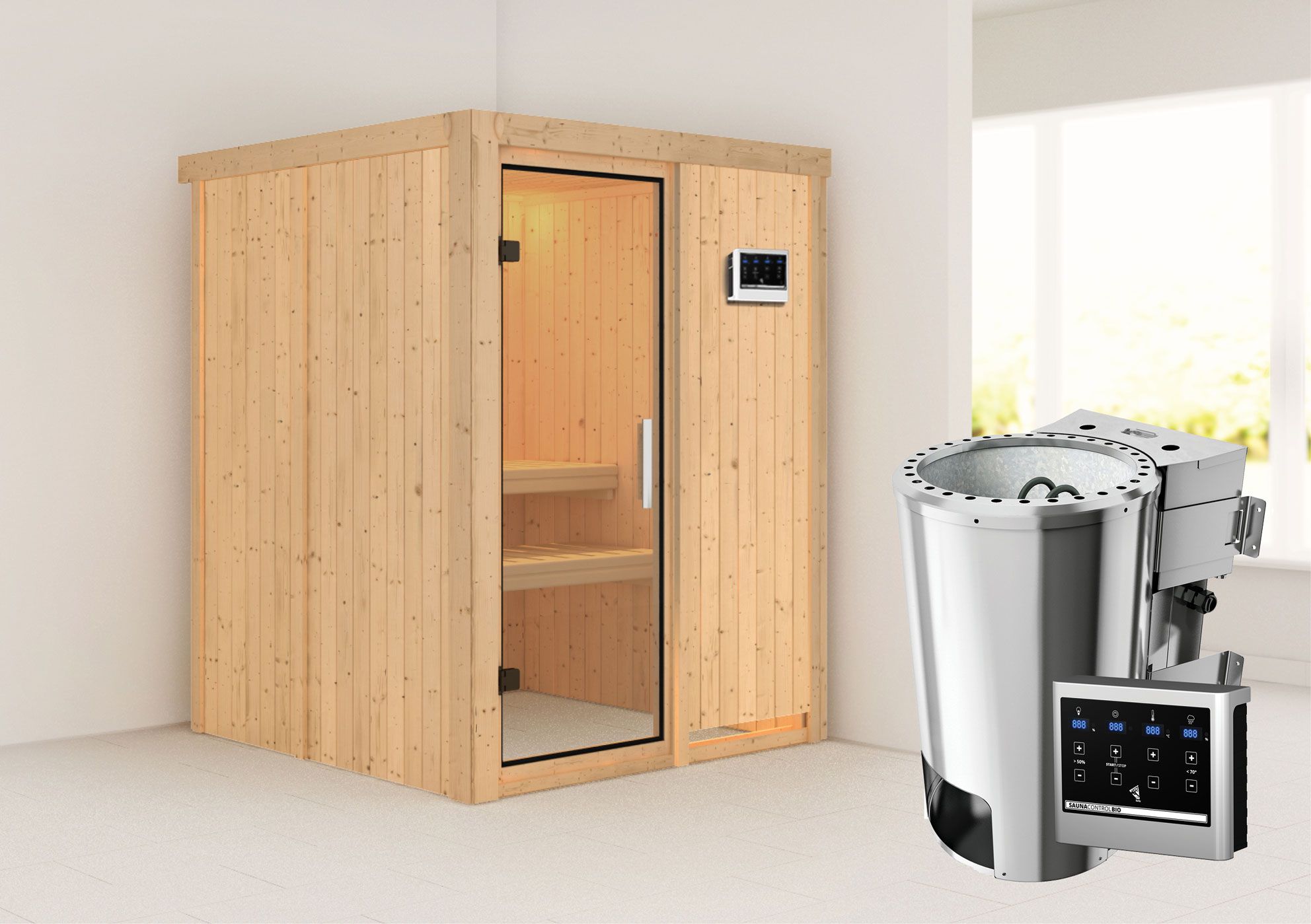 Joran" sauna met heldere glazen deur & BIO 3,6 kW kachel - 151 x 151 x 198 cm (B x D x H)