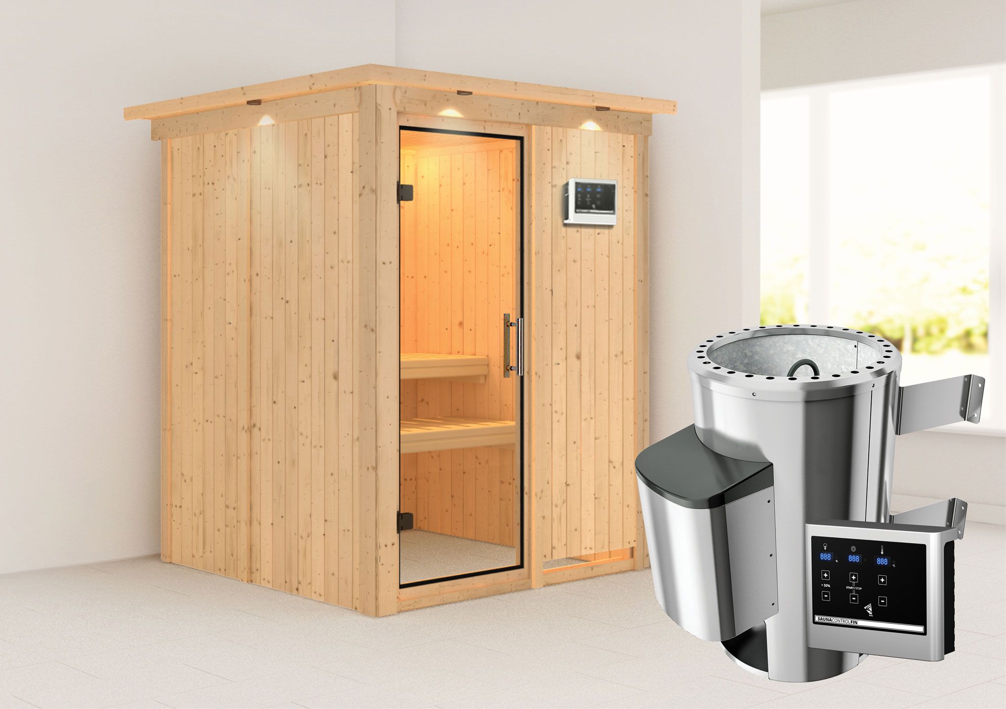 Sauna "Joran" SET met helder glazen deur en rand - kleur: naturel, kachel externe regeling eenvoudig 3,6 kW - 165 x 165 x 202 cm (B x D x H)