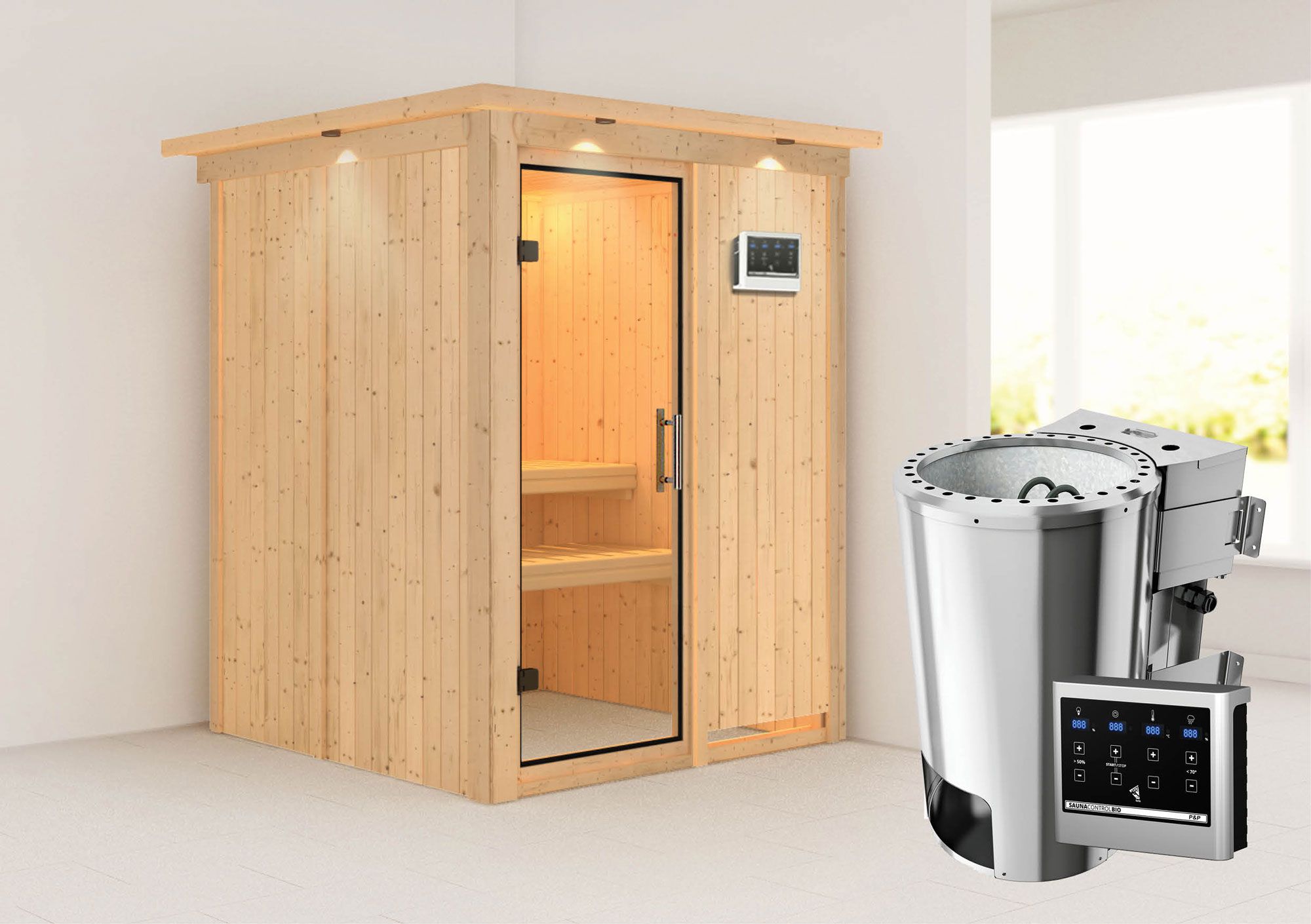Sauna "Joran" SET met heldere glazen deur, kroon & kachel BIO 3,6 kW - 165 x 165 x 202 cm (B x D x H)