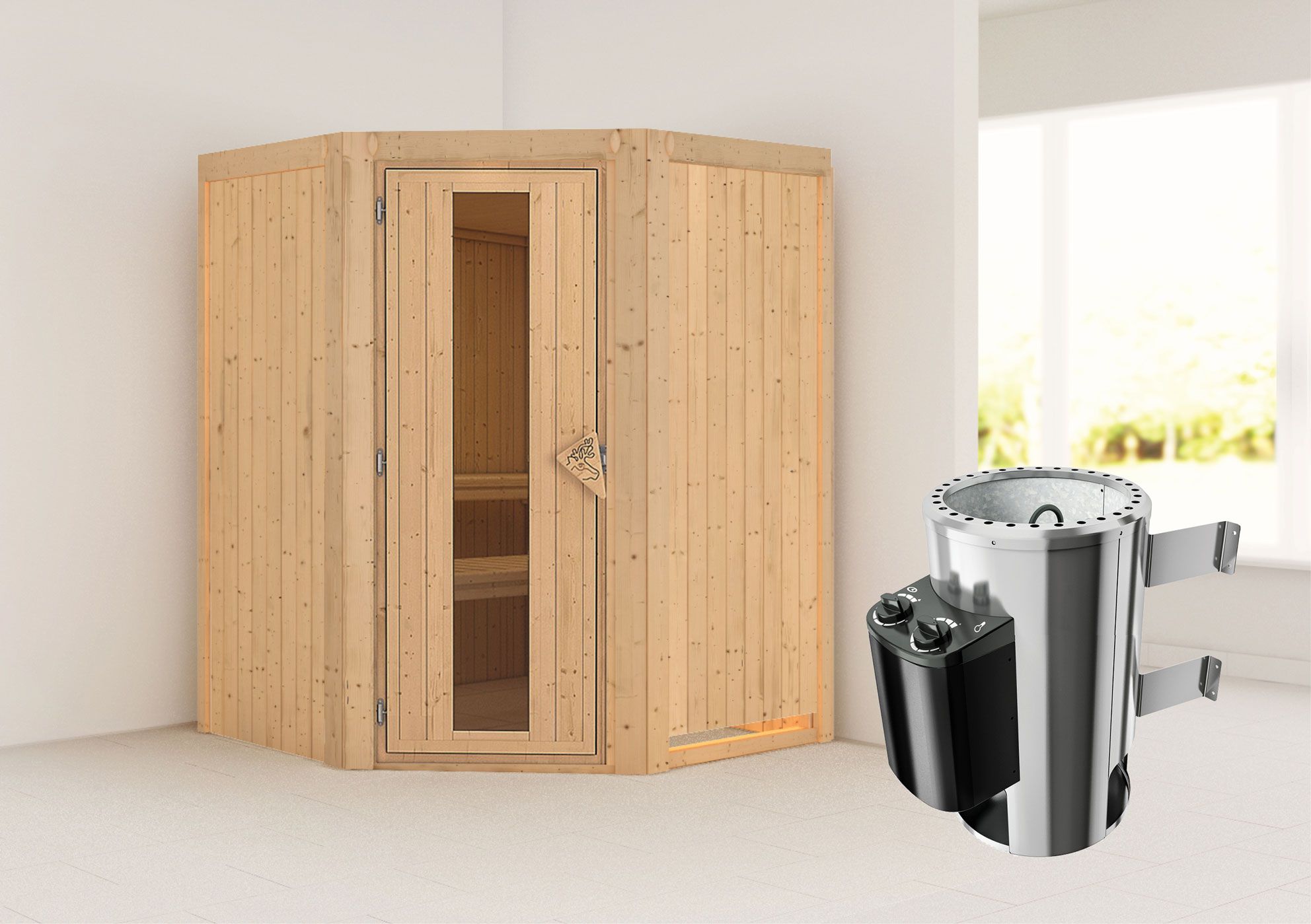 Sauna "Loran" SET met energiebesparende deur en kachel 3,6 kW - 151 x 151 x 198 cm (B x D x H)