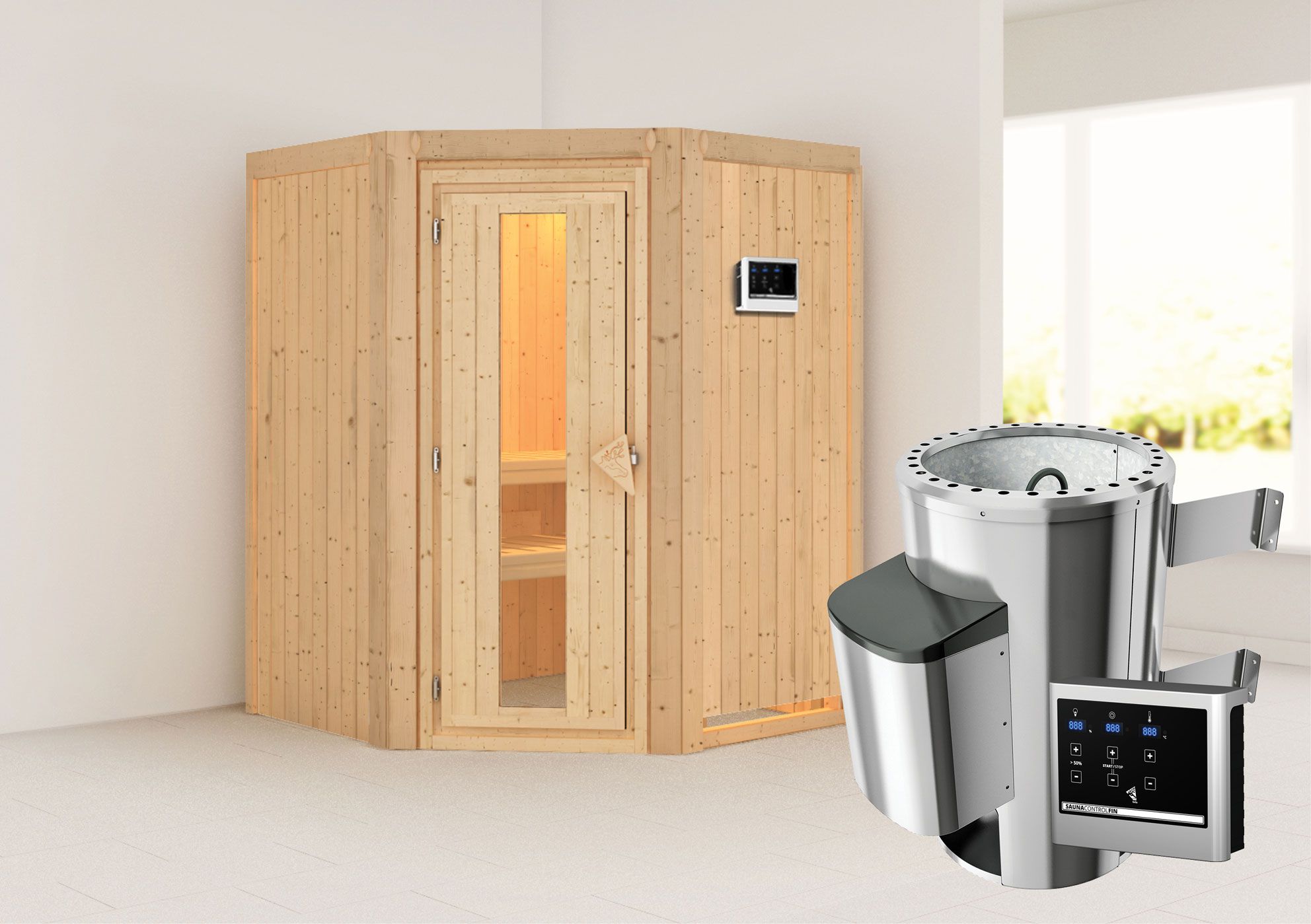 Sauna "Loran" SET met energiebesparende deur - kleur: natuur, kachel externe regeling eenvoudig 3,6 kW - 151 x 151 x 198 cm (B x D x H)