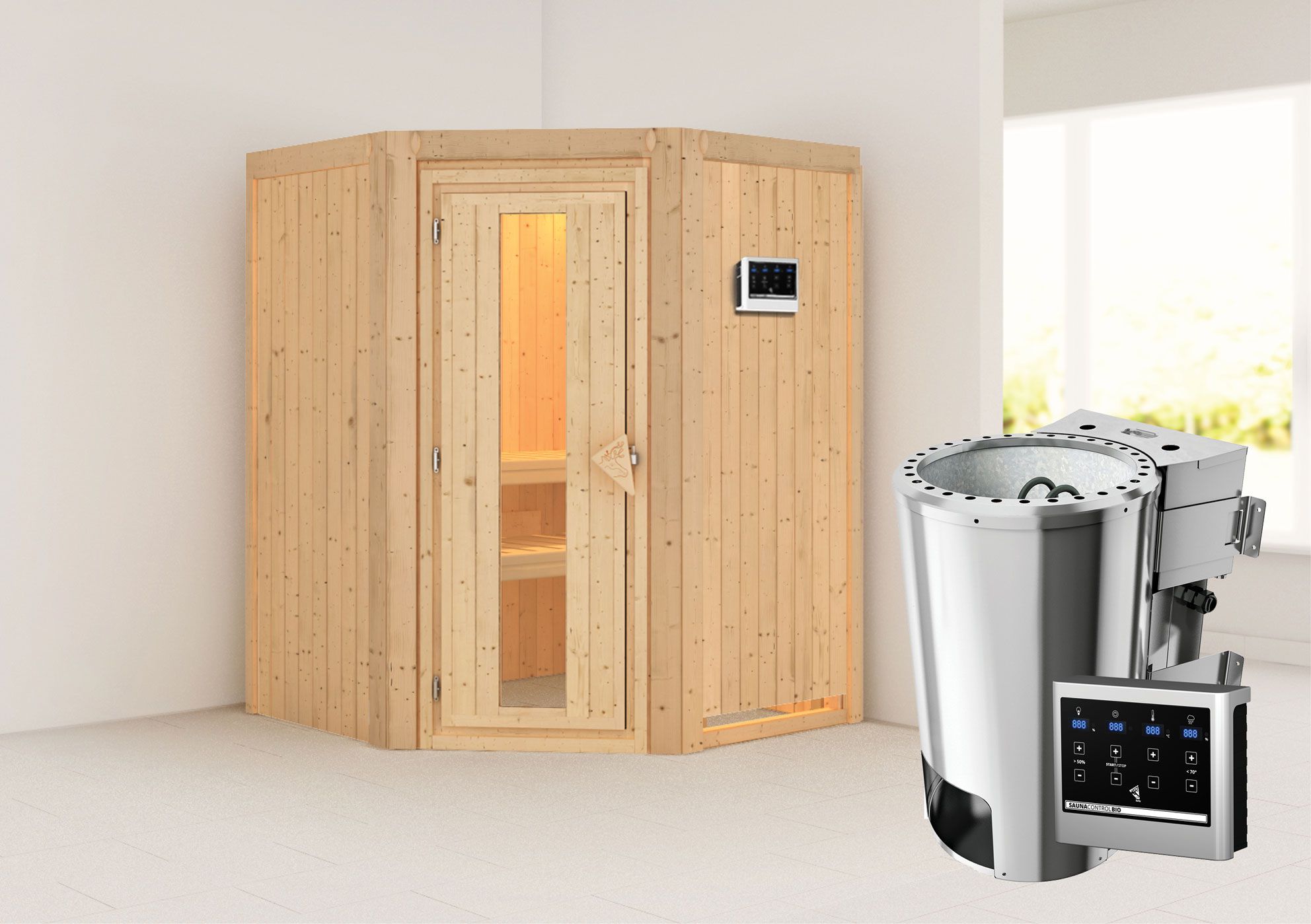 Sauna "Loran" SET met energiebesparende deur en kachel BIO 3,6 kW - 151 x 151 x 198 cm (B x D x H)