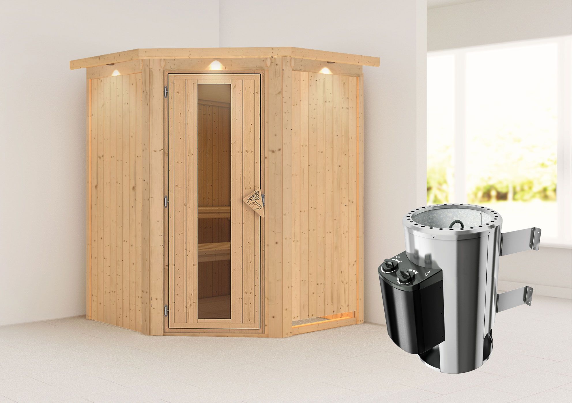 Sauna "Loran" SET met energiebesparende deur, kroon en kachel 3,6 kW - 165 x 165 x 202 cm (B x D x H)
