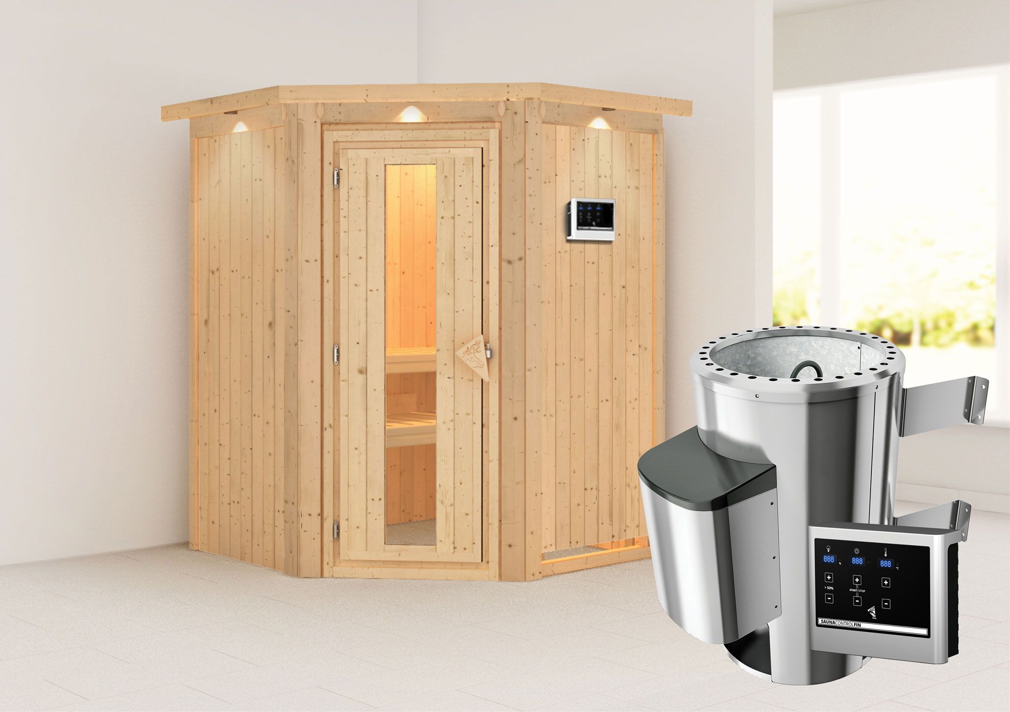 Sauna "Loran" SET met energiebesparende deur en kroon - kleur: natuur, kachel externe regeling eenvoudig 3,6 kW - 165 x 165 x 202 cm (B x D x H)