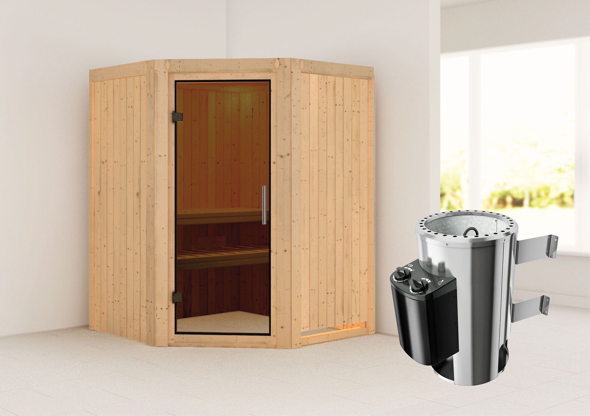 Sauna "Loran" SET met grafiet deur & kachel 3,6 kW - 151 x 151 x 198 cm (B x D x H)
