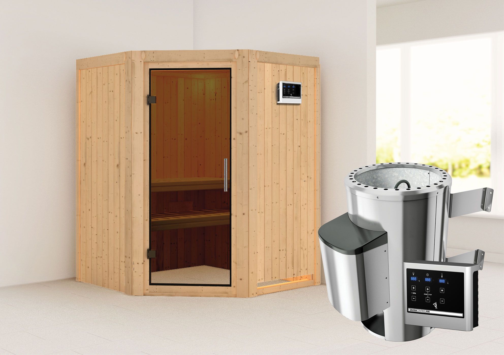 Sauna "Loran" SET met grafietkleurige deur - kleur: naturel, kachel externe regeling eenvoudig 3,6 kW - 151 x 151 x 198 cm (B x D x H)