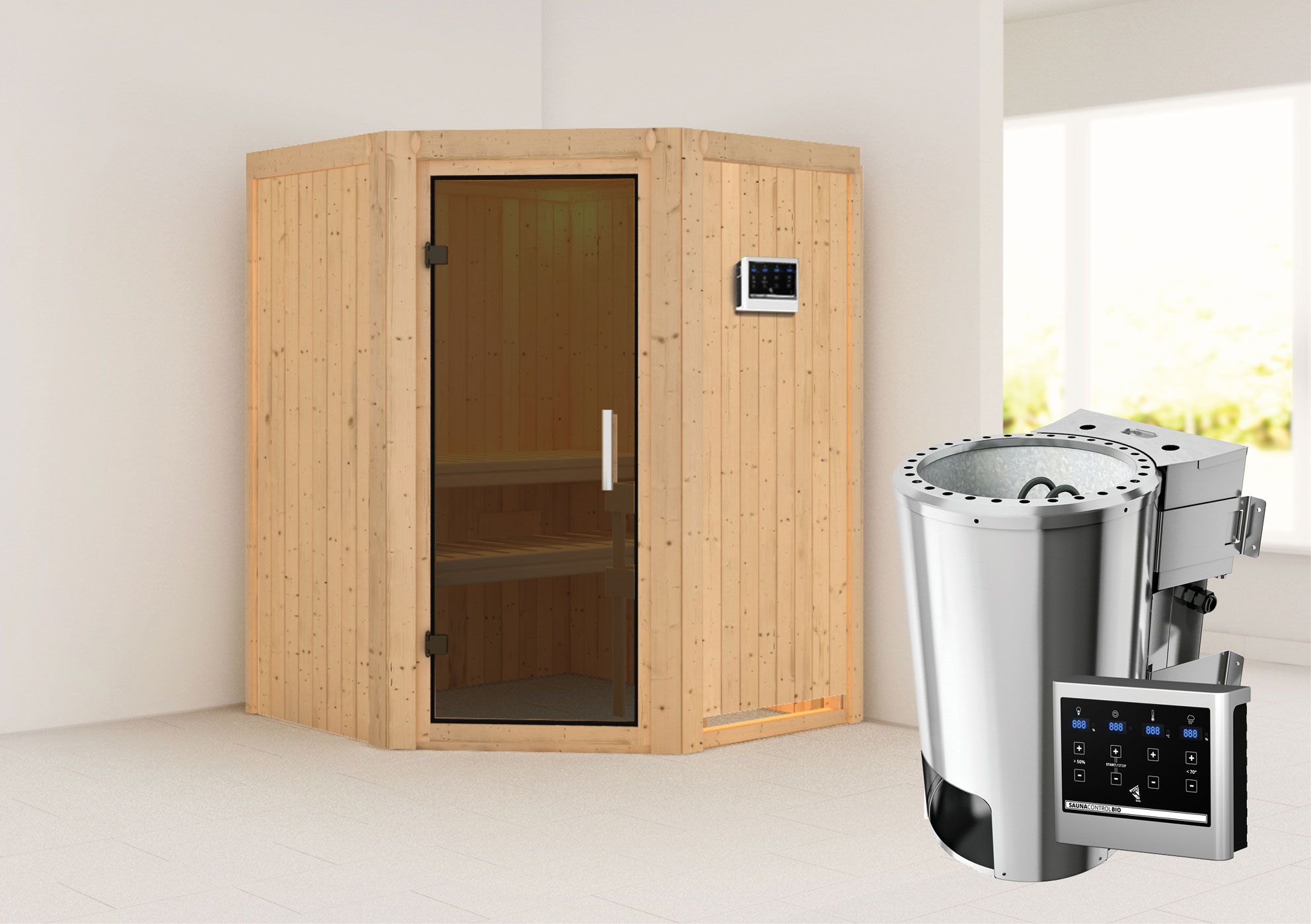 Sauna "Loran" SET met grafiet deur & kachel BIO 3,6 kW - 151 x 151 x 198 cm (B x D x H)