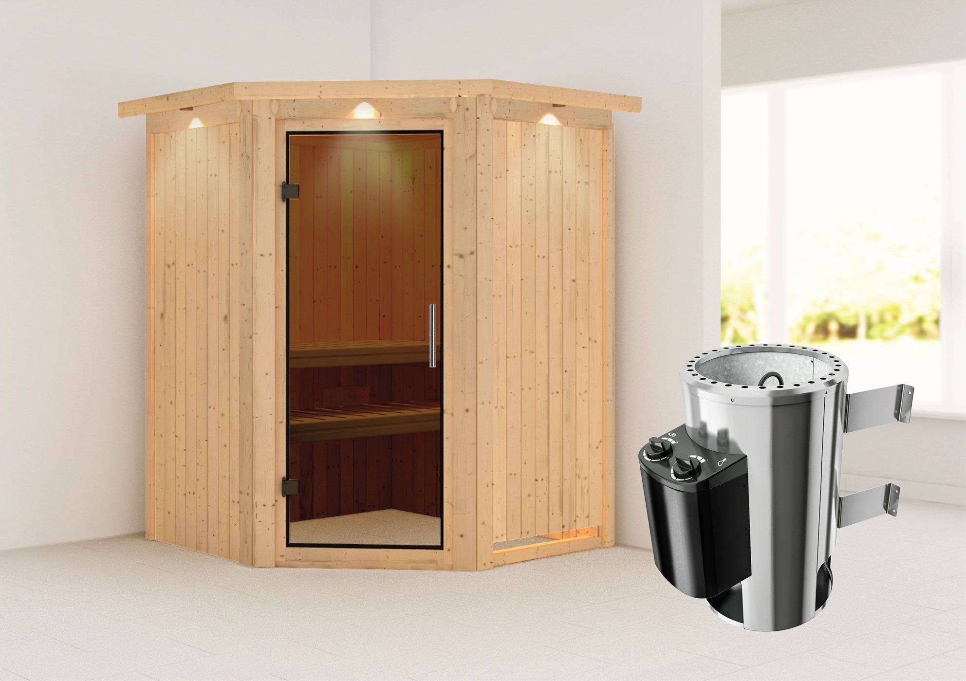 Sauna "Loran" SET met grafietkleurige deur, kroonlijst & kachel 3,6 kW - 165 x 165 x 202 cm (B x D x H)