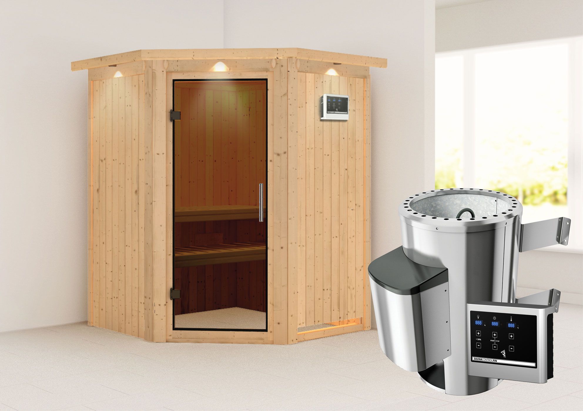 Sauna "Loran" SET met grafietkleurige deur en rand - kleur: naturel, kachel externe regeling eenvoudig 3,6 kW - 165 x 165 x 202 cm (B x D x H)