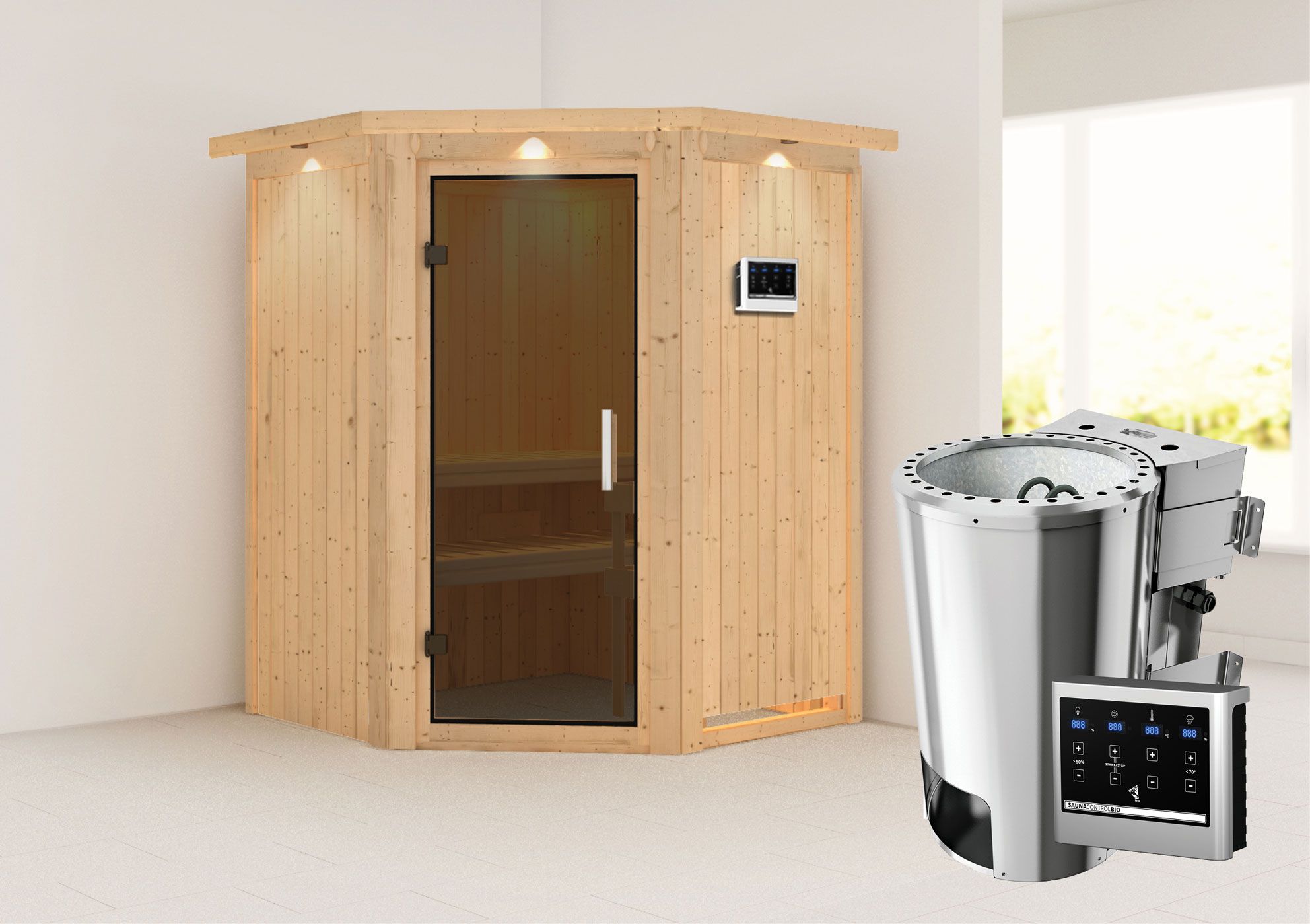 Sauna "Loran" SET met grafietkleurige deur, rand & kachel BIO 3,6 kW - 165 x 165 x 202 cm (B x D x H)