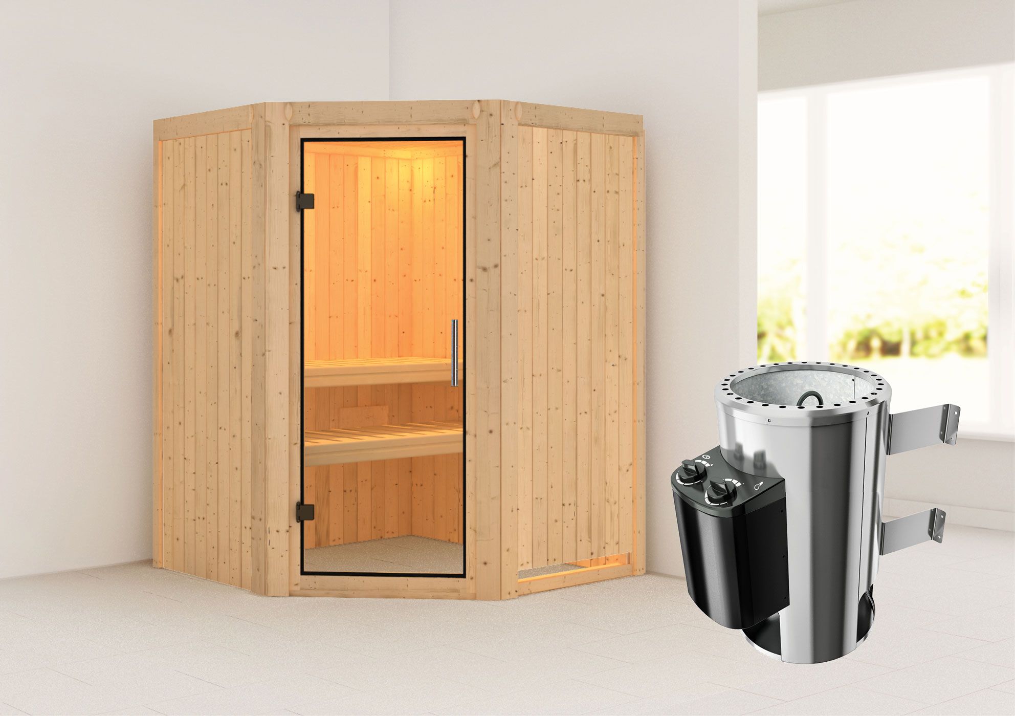 Sauna "Loran" SET met heldere glazen deur & kachel 3,6 kW - 151 x 151 x 198 cm (B x D x H)