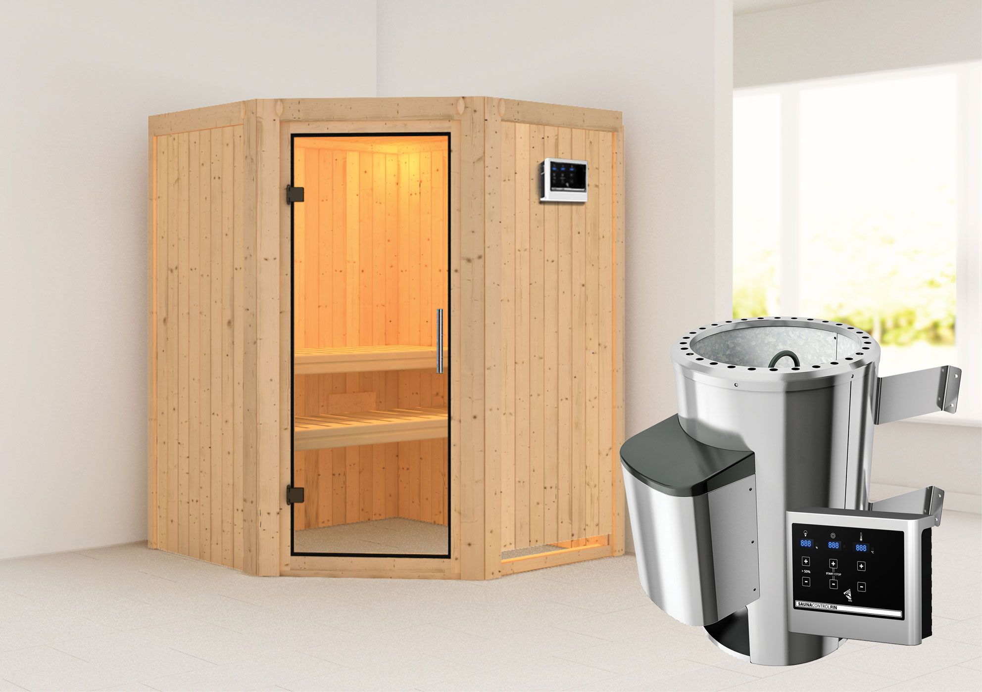 Sauna "Loran" SET met heldere glasdeur - kleur: natuur, kachel externe regeling eenvoudig 3,6 kW - 151 x 151 x 198 cm (B x D x H)