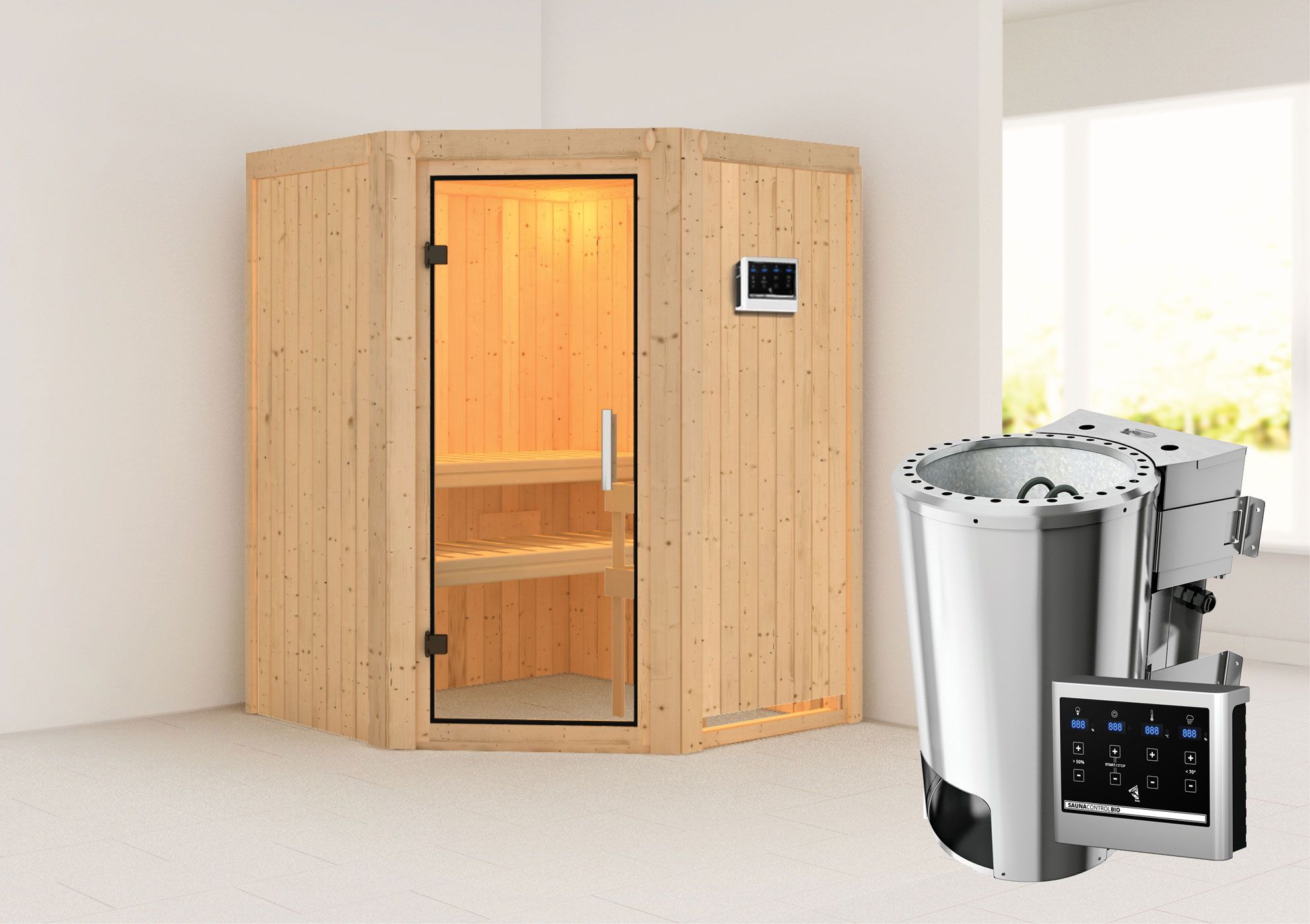 Sauna "Loran" SET met heldere glazen deur & kachel BIO 3,6 kW - 151 x 151 x 198 cm (B x D x H)