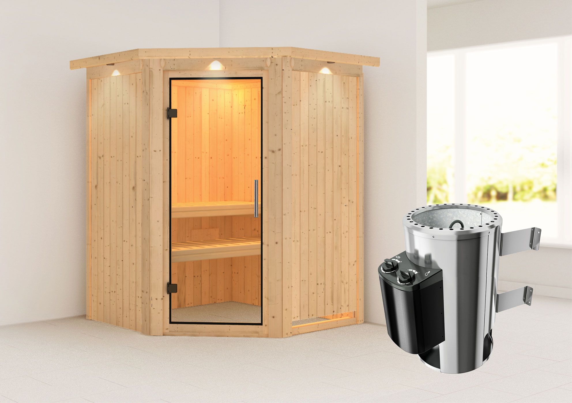 Sauna "Loran" SET met helder glazen deur, kroonlijst & kachel 3,6 kW - 165 x 165 x 202 cm (B x D x H)