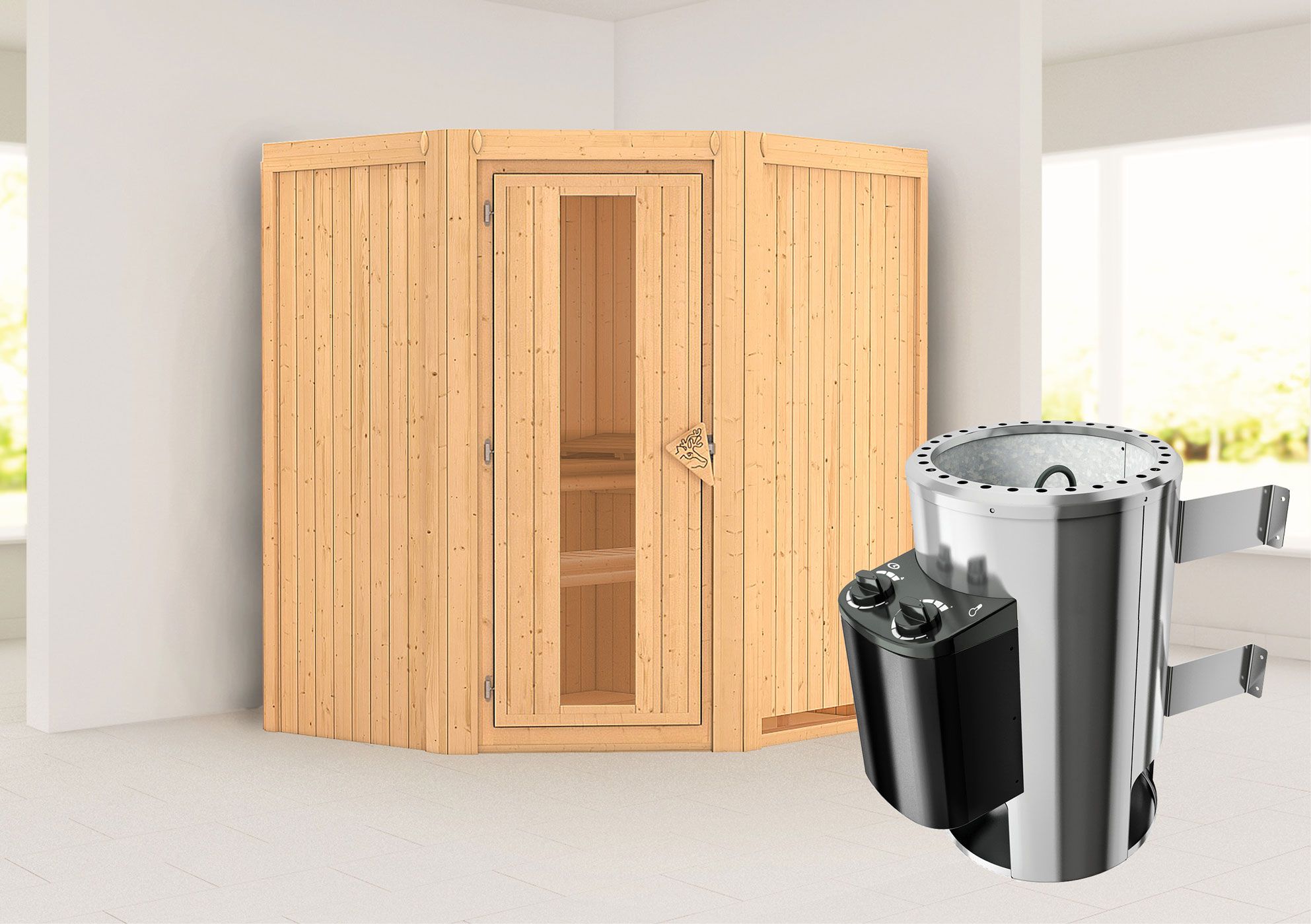 Sauna "Kjell" SET met energiebesparende deur en kachel 3,6 kW - 170 x 151 x 198 cm (B x D x H)