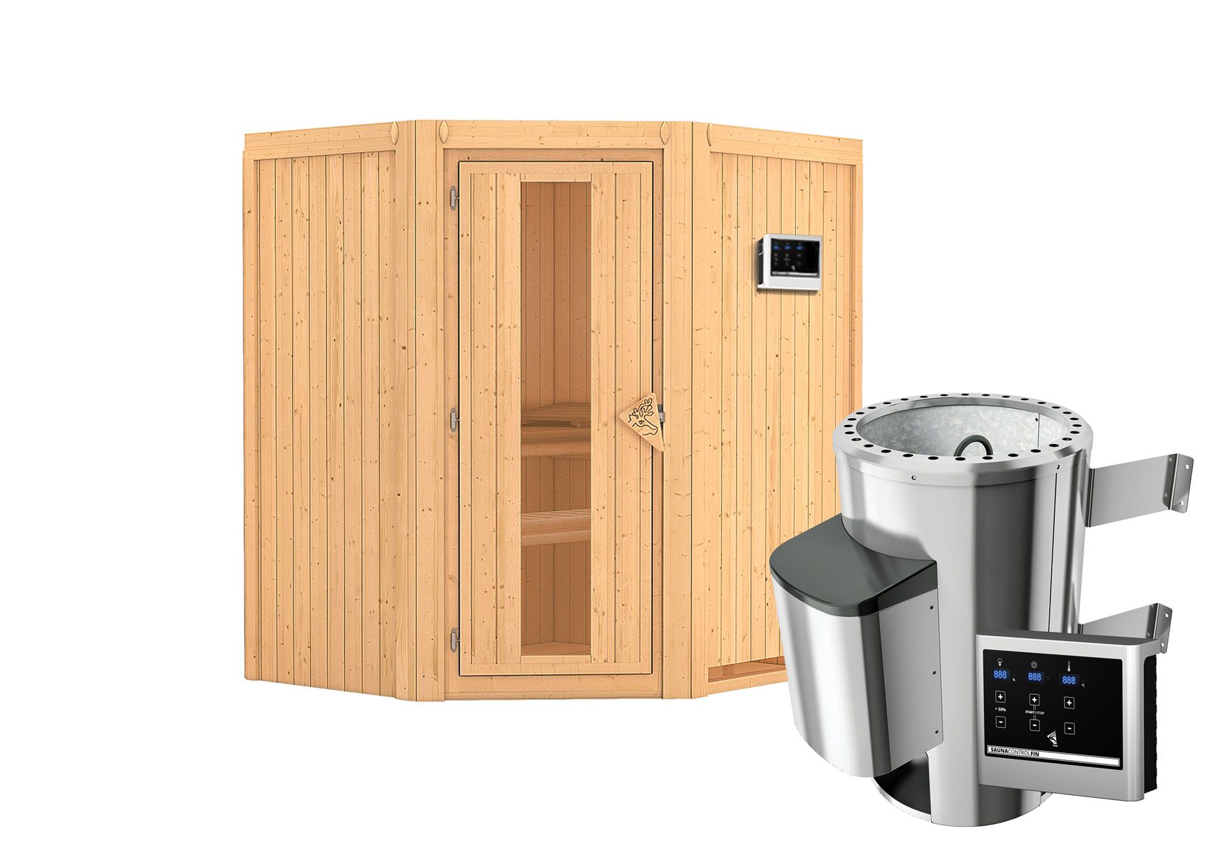 Sauna "Kjell" SET met energiebesparende deur - kleur: naturel, kachel externe regeling eenvoudig 3,6 kW - 170 x 151 x 198 cm (B x D x H)
