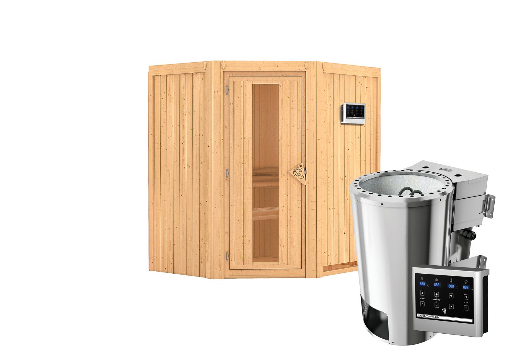 Sauna "Kjell" SET met energiebesparende deur en kachel BIO 3,6 kW - 170 x 151 x 198 cm (B x D x H)