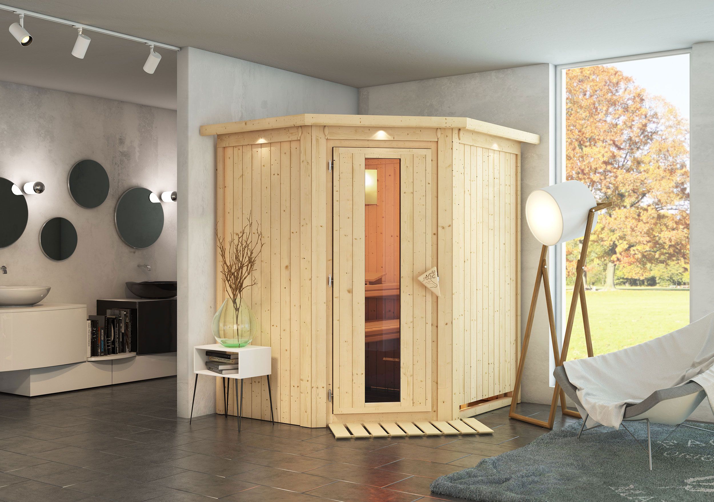 Sauna "Kjell" ACTION met energiebesparende deur en kroonlijst - Kleur: Naturel - 184 x 165 x 202 cm (B x D x H)