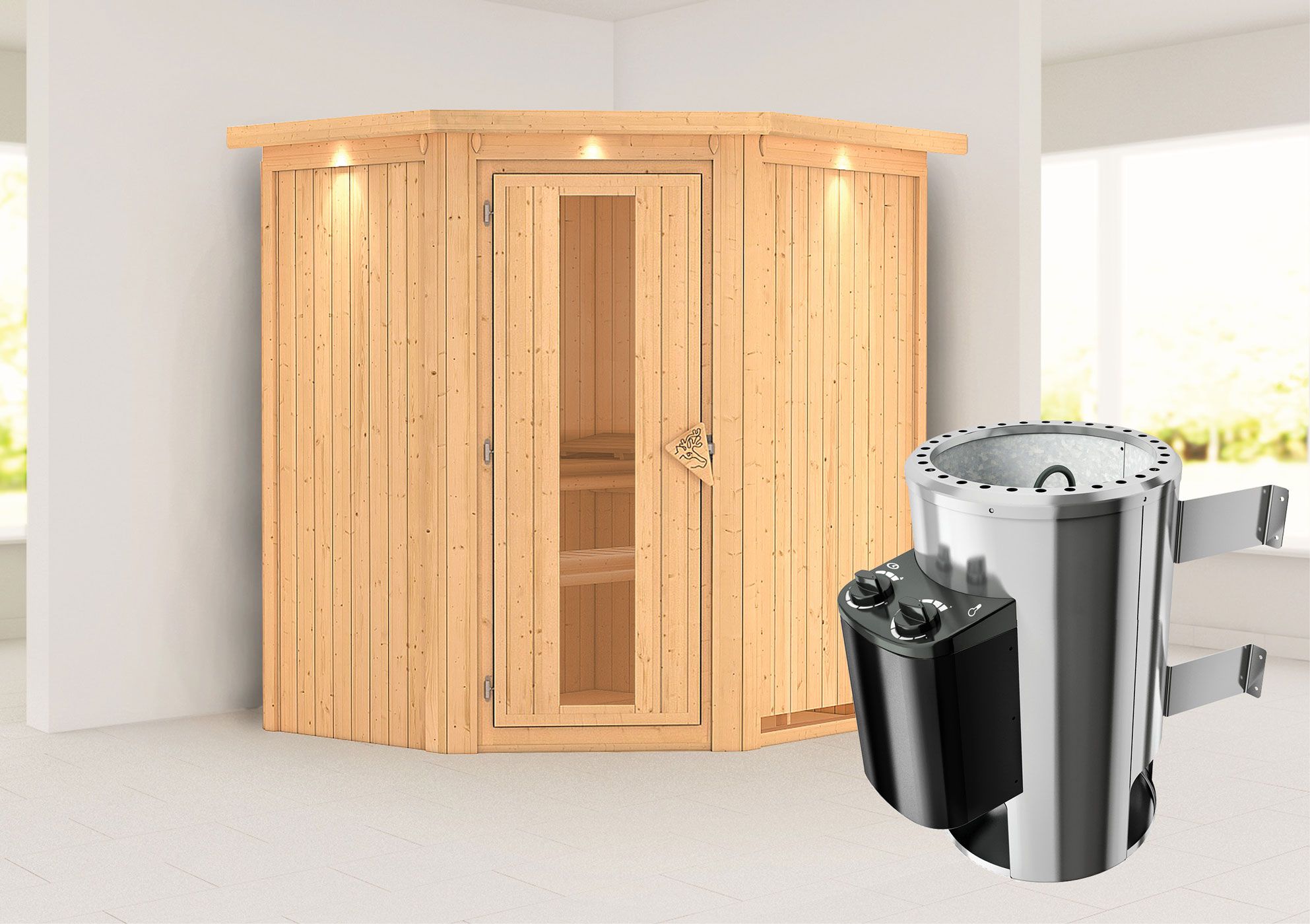 SET-sauna "Kjell" met energiebesparende deur, rand en 3,6 kW kachel - 184 x 165 x 202 cm (B x D x H)