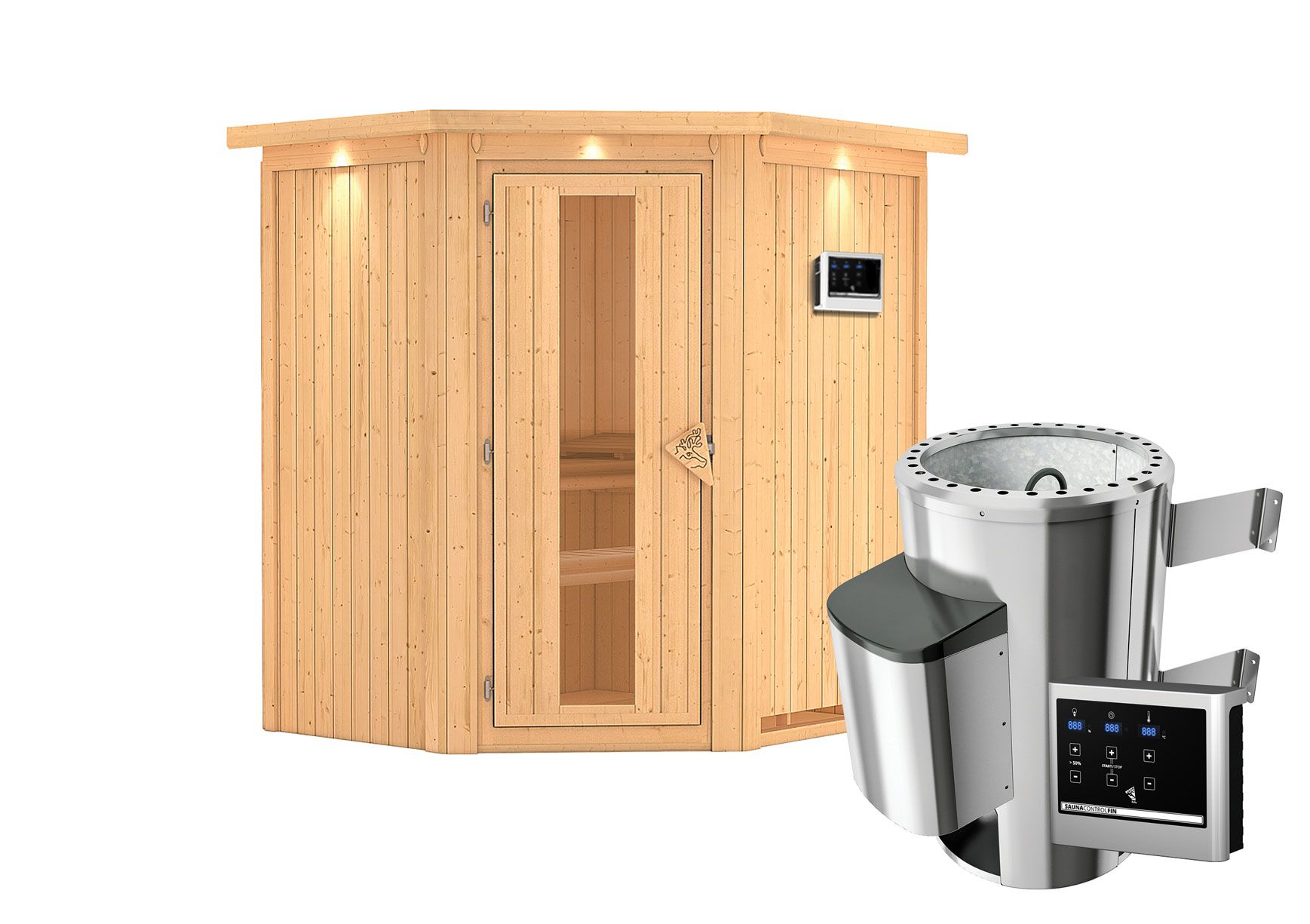 Sauna "Kjell" SET met energiebesparende deur en kroon - kleur: naturel, kachel externe regeling eenvoudig 3,6 kW - 184 x 165 x 202 cm (B x D x H)