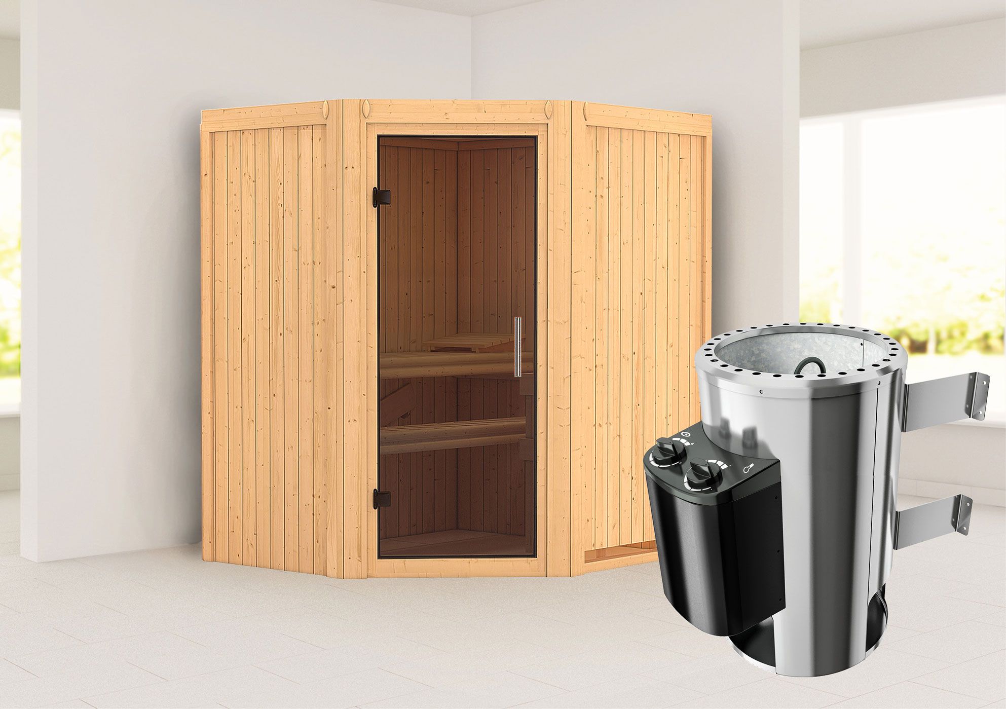 Sauna "Kjell" SET met grafiet deur & kachel 3,6 kW - 170 x 151 x 198 cm (B x D x H)