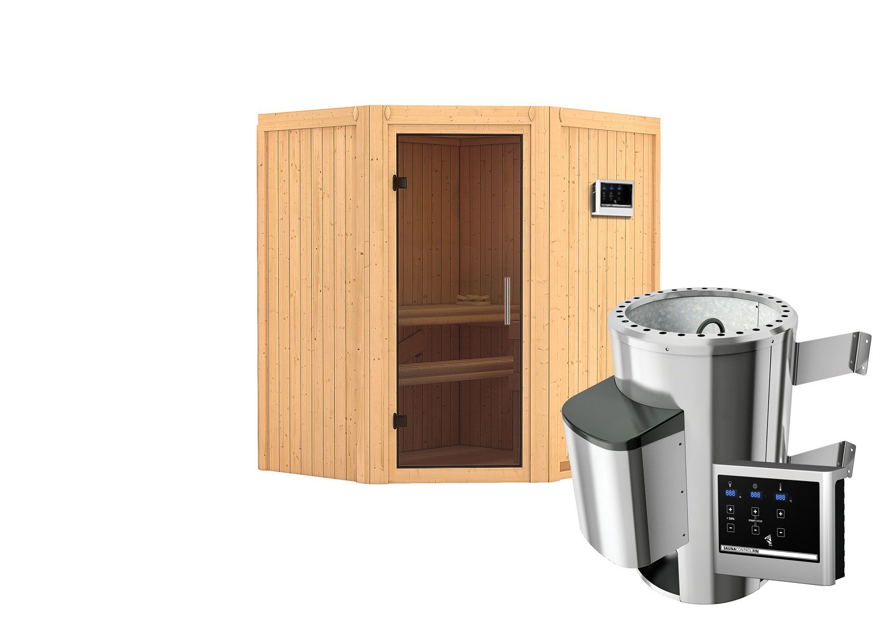 Sauna "Kjell" SET met grafietkleurige deur - kleur: naturel, kachel externe regeling eenvoudig 3,6 kW - 170 x 151 x 198 cm (B x D x H)