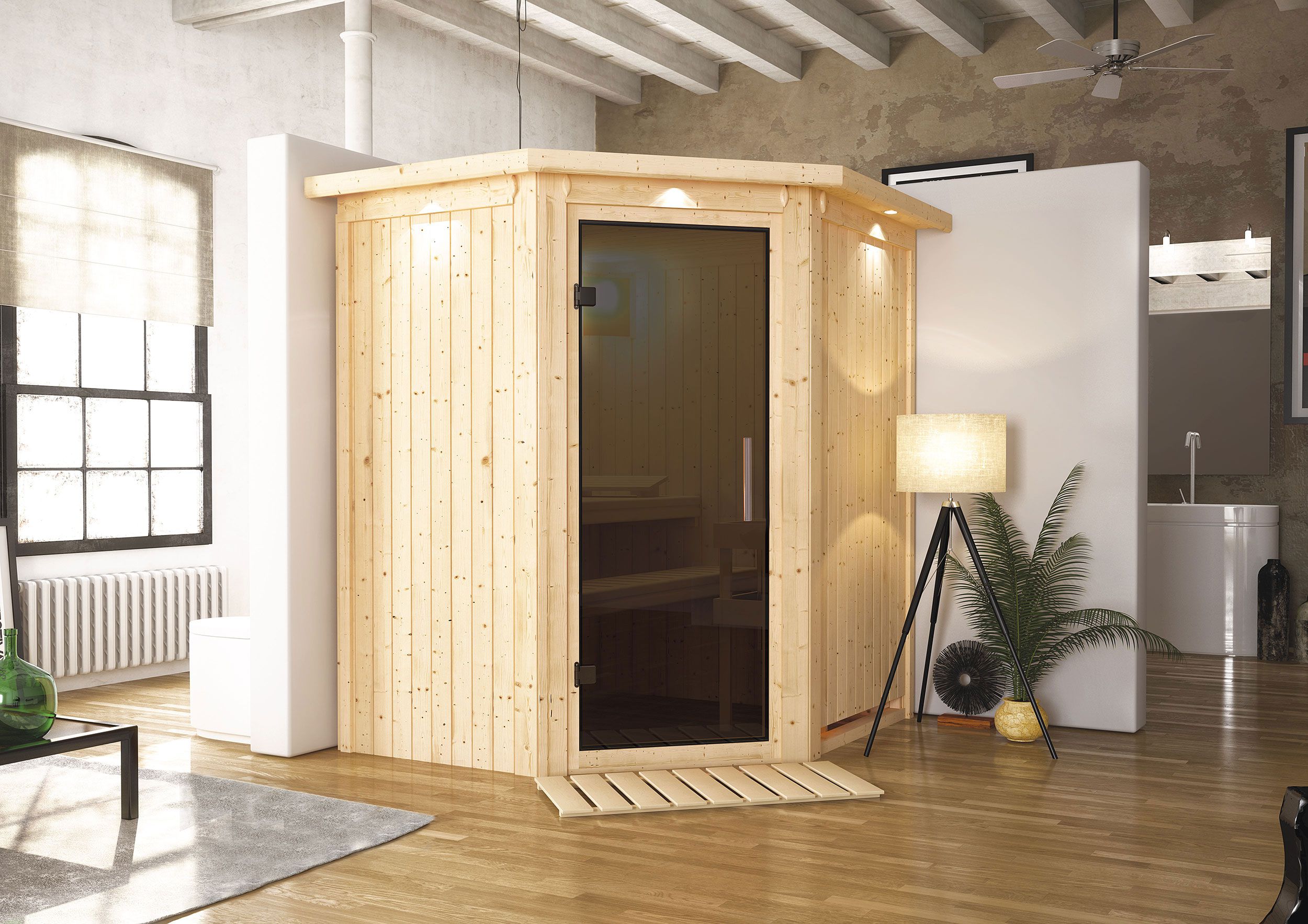 Kjell" sauna met grafietkleurige deur en rand - kleur: naturel - 184 x 165 x 202 cm (B x D x H)