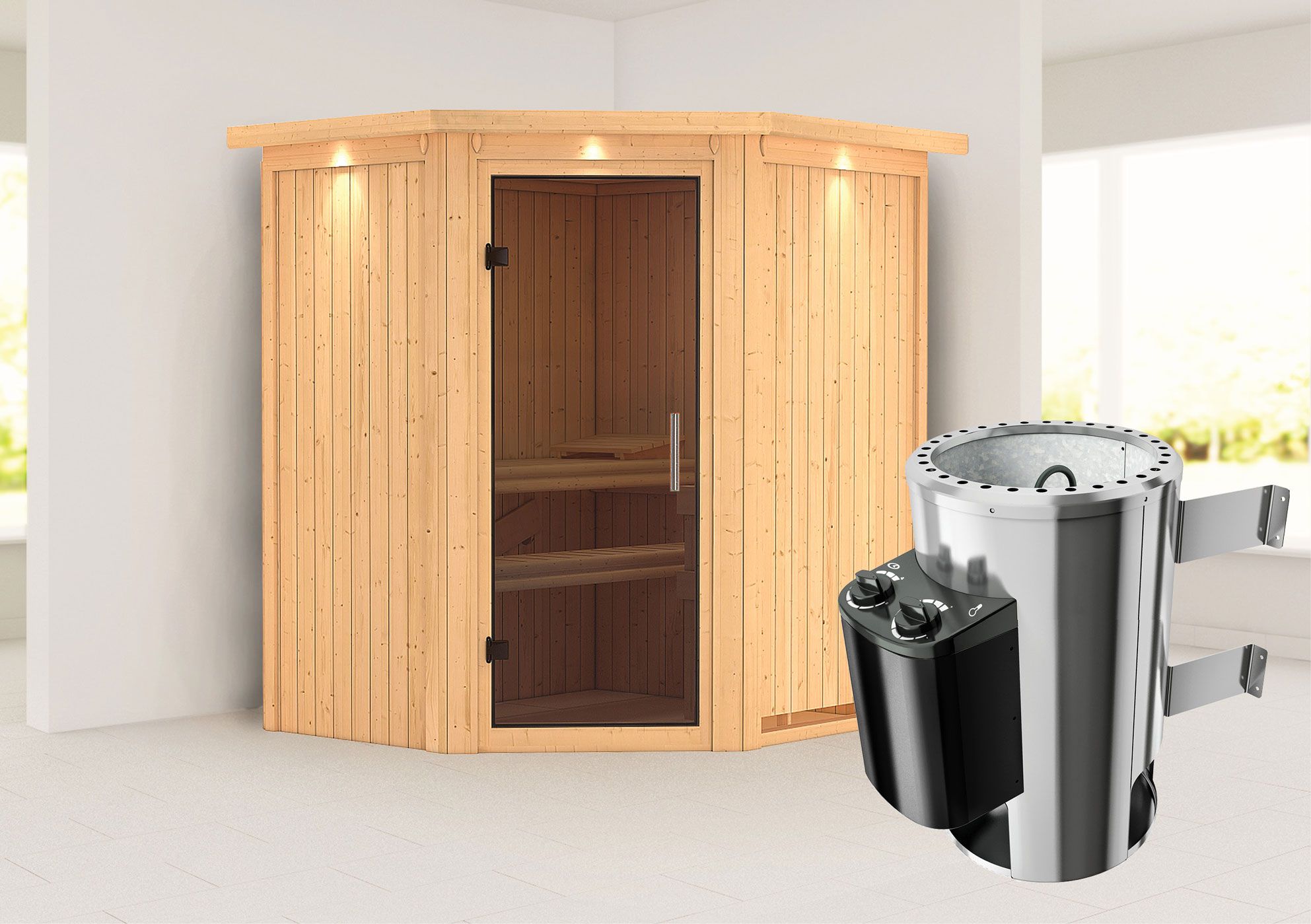 SET-sauna "Kjell" met grafietkleurige deur, rand & 3,6 kW kachel - 184 x 165 x 202 cm (B x D x H)