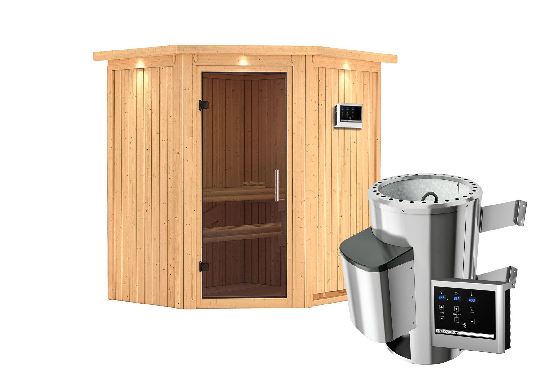 Sauna "Kjell" SET met grafietkleurige deur en rand - kleur: naturel, kachel externe regeling eenvoudig 3,6 kW - 184 x 165 x 202 cm (B x D x H)