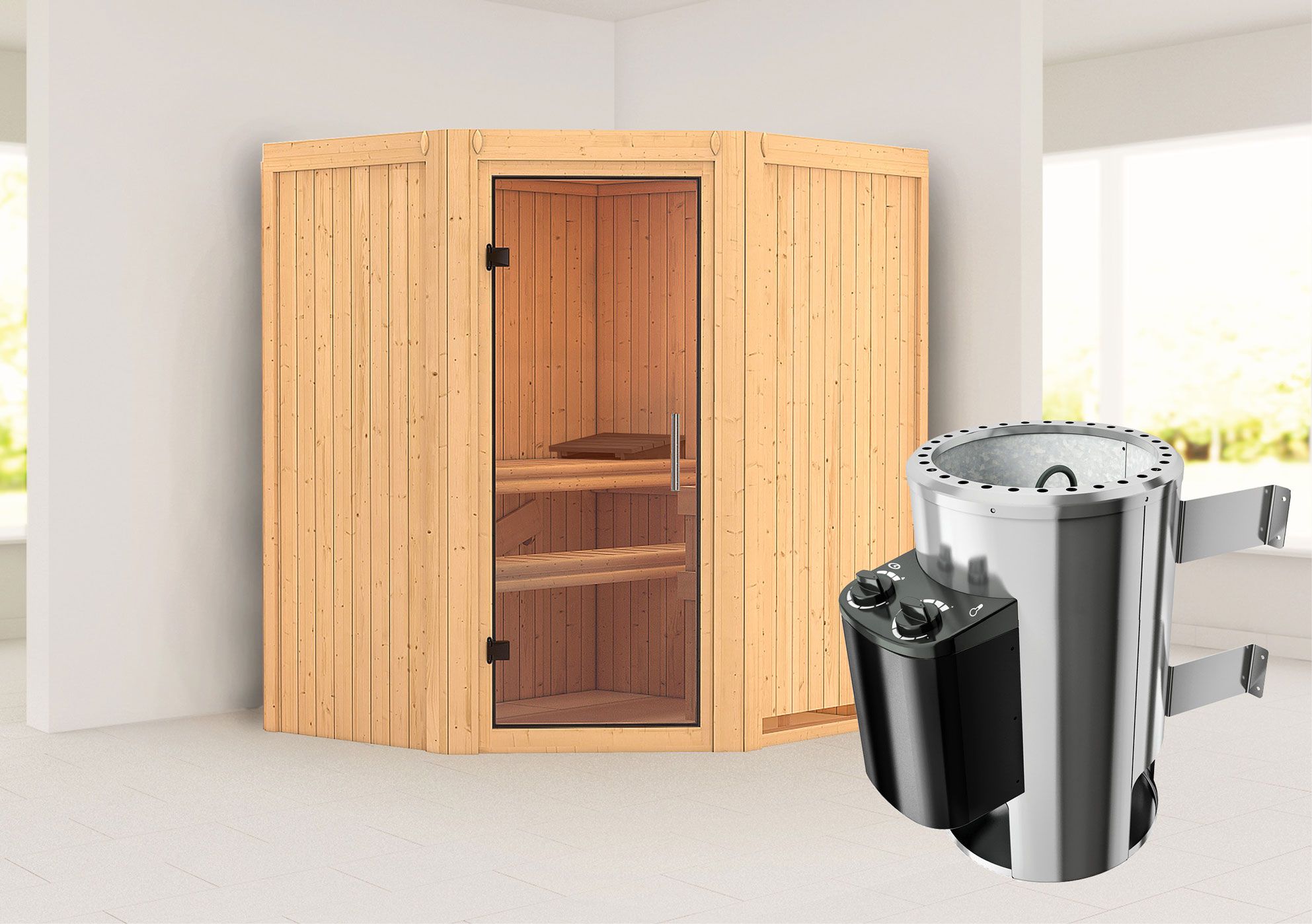 Sauna "Kjell" SET met heldere glazen deur & kachel 3,6 kW - 170 x 151 x 198 cm (B x D x H)