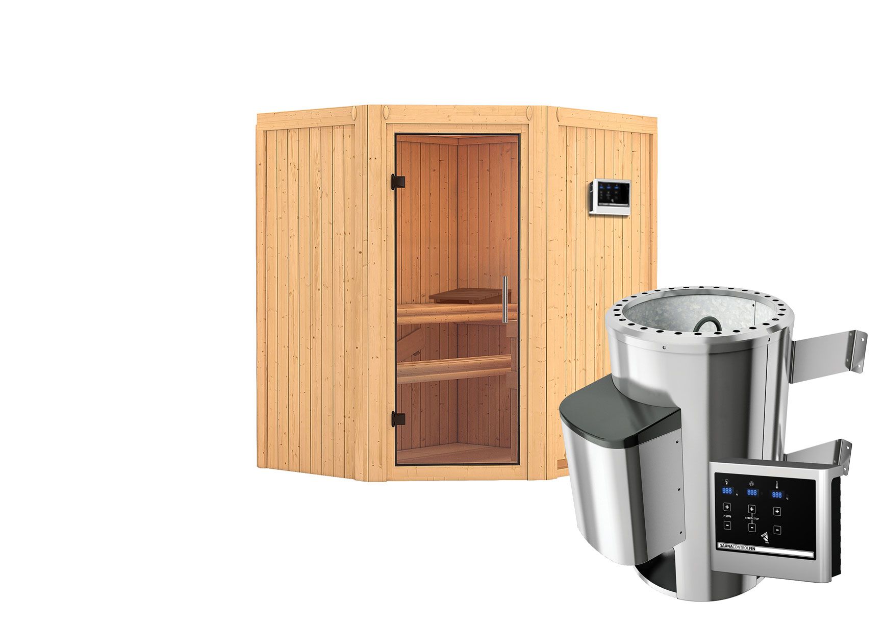 Sauna "Kjell" SET met heldere glasdeur - kleur: natuur, kachel externe regeling eenvoudig 3,6 kW - 170 x 151 x 198 cm (B x D x H)