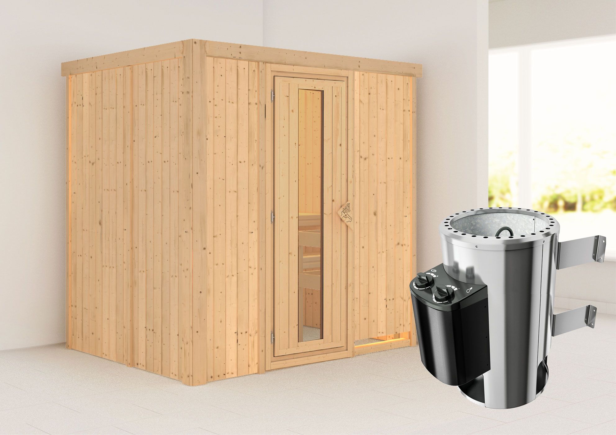 Sauna "Jarle" SET met energiebesparende deur en kachel 3,6 kW - 196 x 151 x 198 cm (B x D x H)