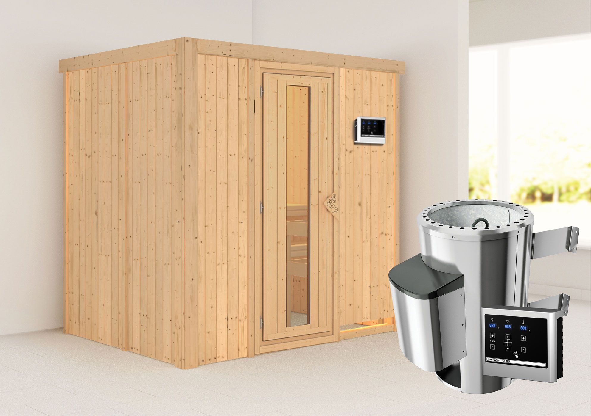 Sauna "Jarle" SET met energiebesparende deur - kleur: naturel, kachel externe regeling eenvoudig 3,6 kW - 196 x 151 x 198 cm (B x D x H)