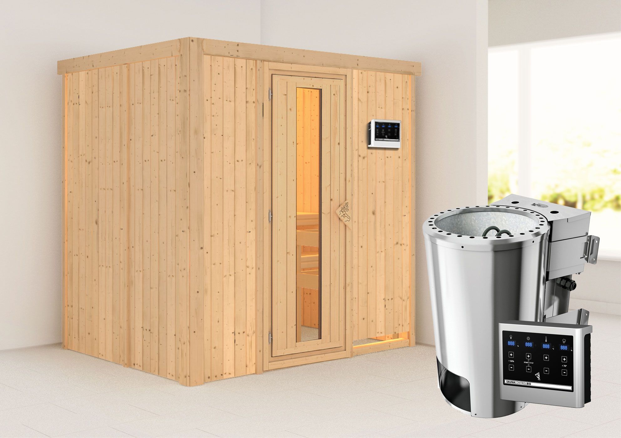 Sauna "Jarle" SET met energiebesparende deur en kachel BIO 3,6 kW - 196 x 151 x 198 cm (B x D x H)
