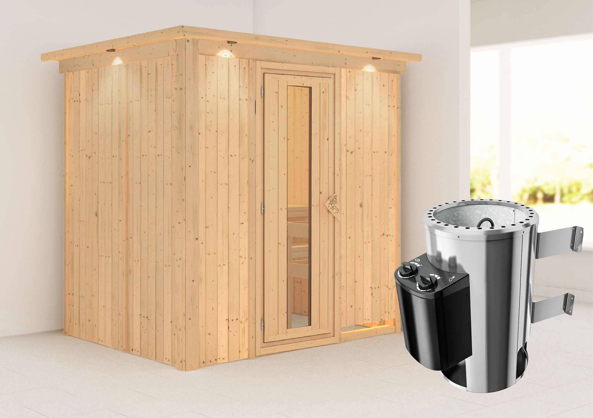 Sauna "Jarle" SET met energiebesparende deur, kroon en kachel 3,6 kW - 210 x 165 x 202 cm (B x D x H)