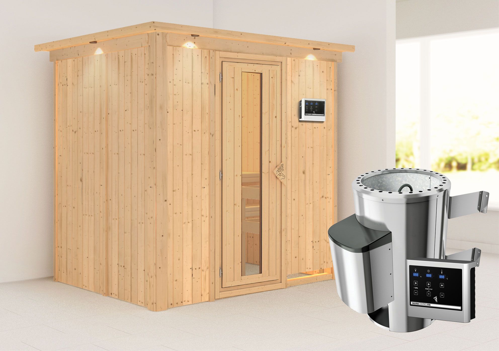 Sauna "Jarle" SET met energiebesparende deur en kroon - kleur: naturel, kachel externe regeling eenvoudig 3,6 kW - 210 x 165 x 202 cm (B x D x H)