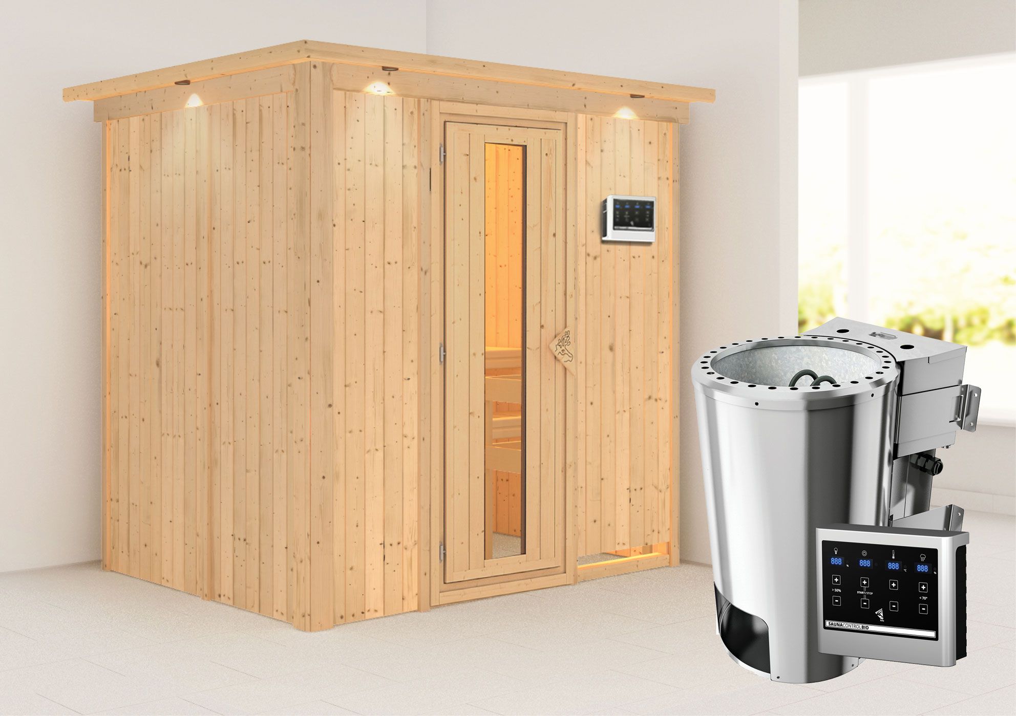 Sauna "Jarle" SET met energiebesparende deur, kroon en kachel BIO 3,6 kW - 210 x 165 x 202 cm (B x D x H)