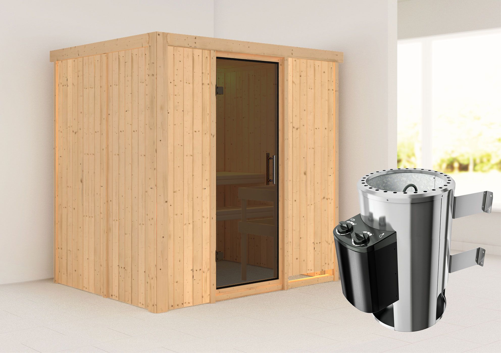 Sauna "Jarle" SET met grafiet deur & kachel 3,6 kW - 196 x 151 x 198 cm (B x D x H)