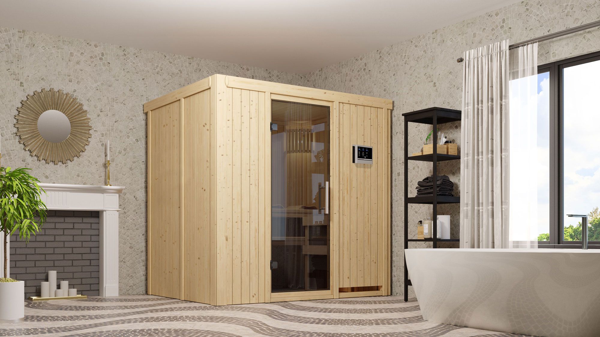 Sauna "Jarle" SET met grafietkleurige deur - kleur: naturel, kachel externe regeling eenvoudig 3,6 kW - 196 x 151 x 198 cm (B x D x H)