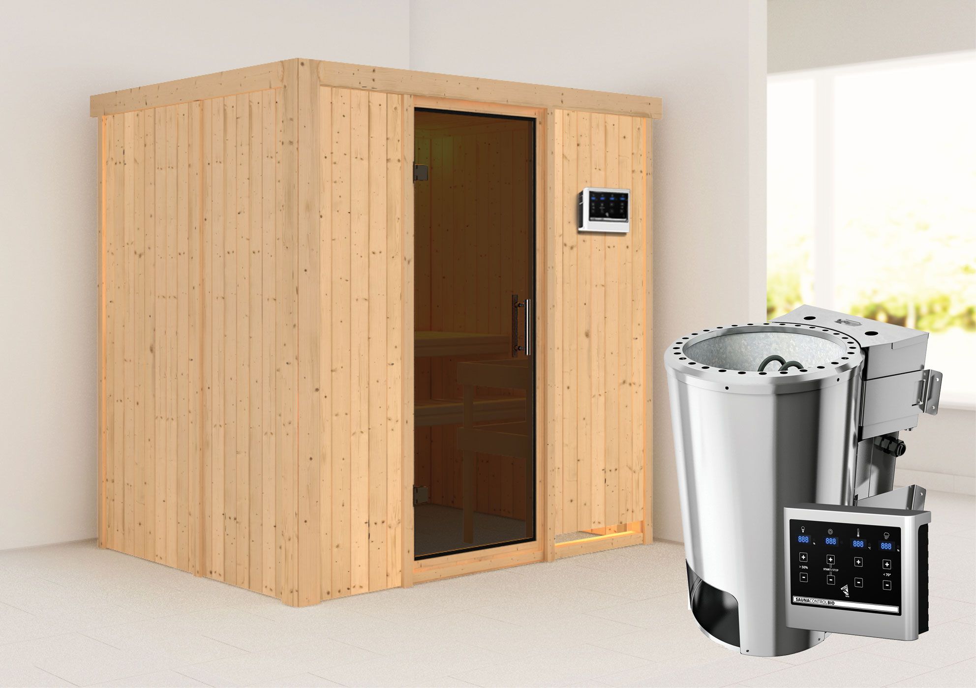 Sauna "Jarle" SET met grafiet deur & kachel BIO 3,6 kW - 196 x 151 x 198 cm (B x D x H)