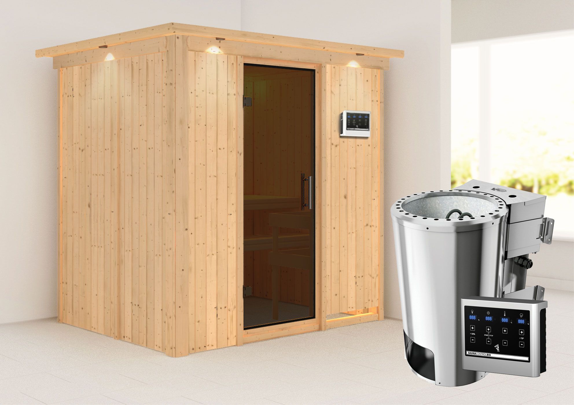 Sauna "Jarle" SET met grafietkleurige deur, kroon & kachel BIO 3,6 kW - 210 x 165 x 202 cm (B x D x H)