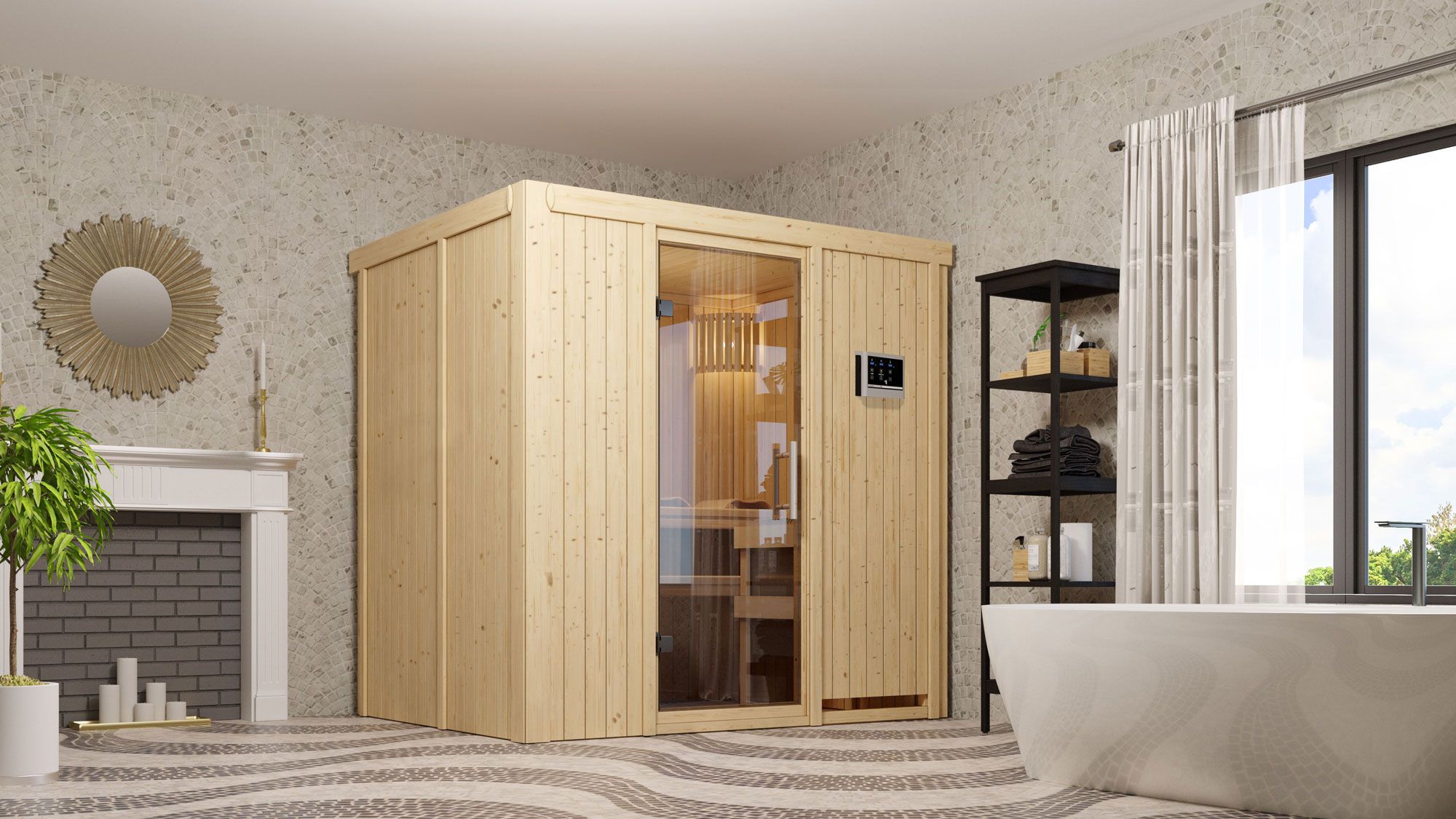 Sauna "Jarle" SET met heldere glasdeur - kleur: natuur, kachel externe regeling eenvoudig 3,6 kW - 196 x 151 x 198 cm (B x D x H)